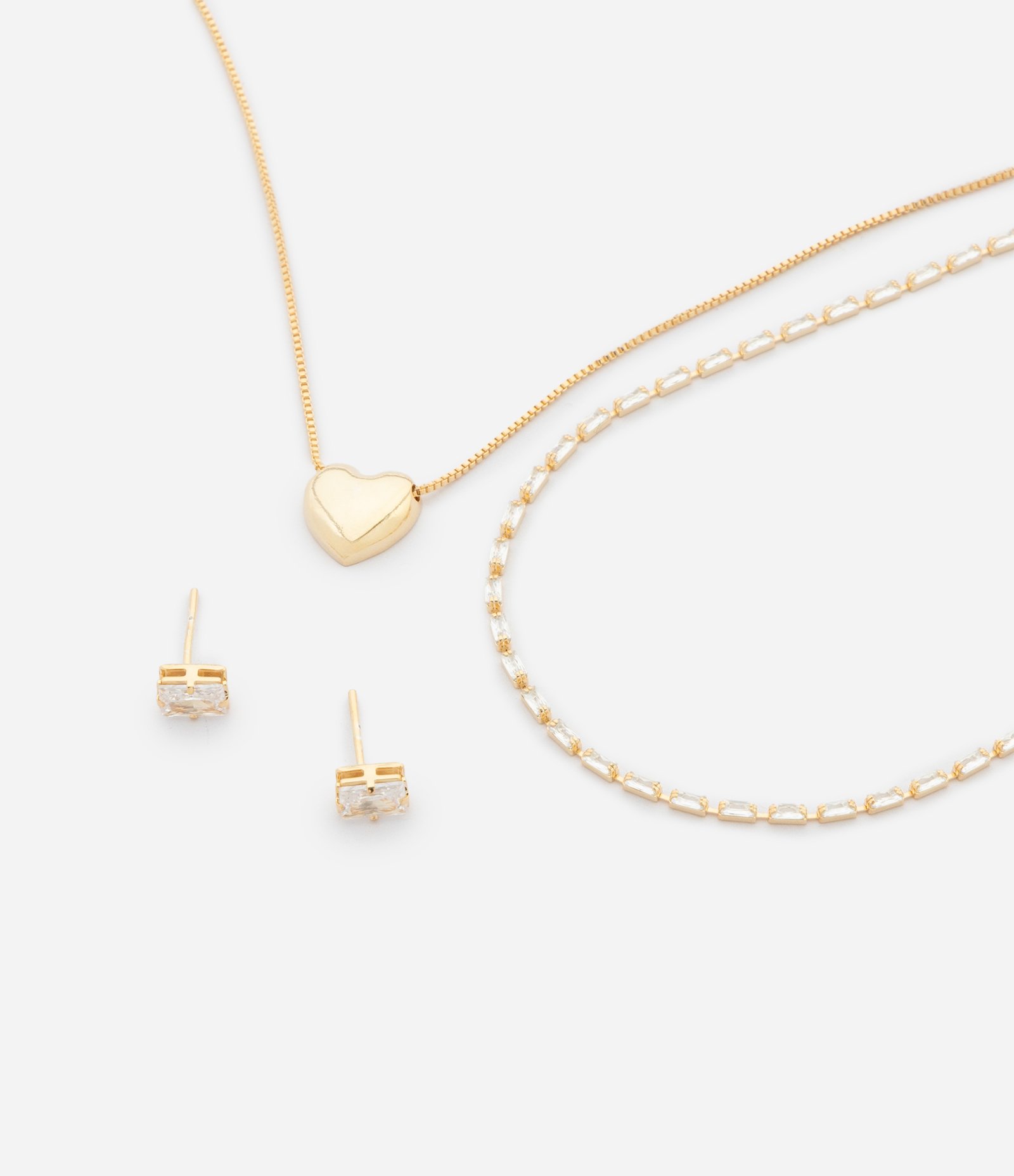 Conjunto com Colares em Camadas e Brincos com Zircônias Dourado 1