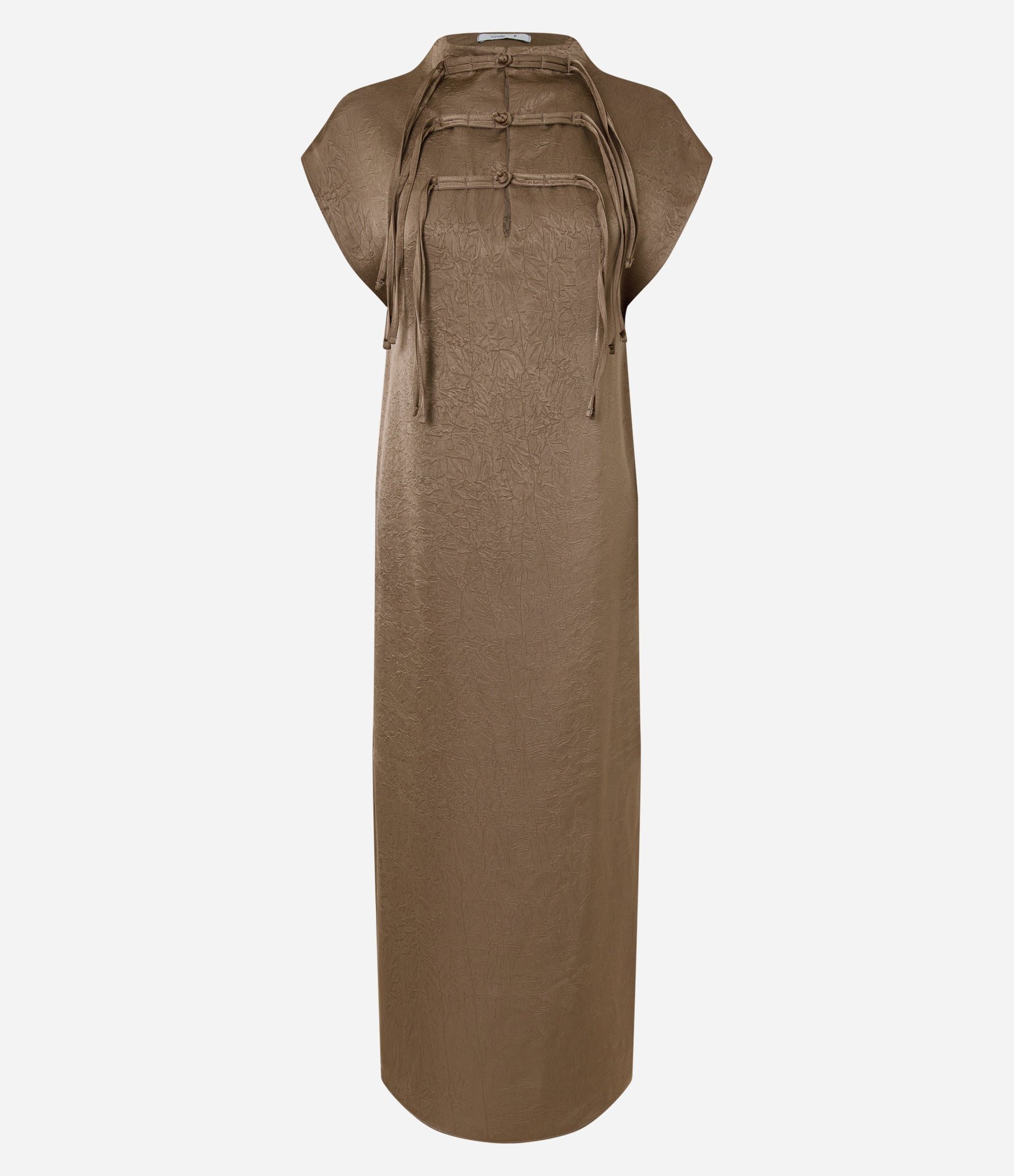 Vestido Túnica Acetinado com Fechamento Frontal Marrom 1