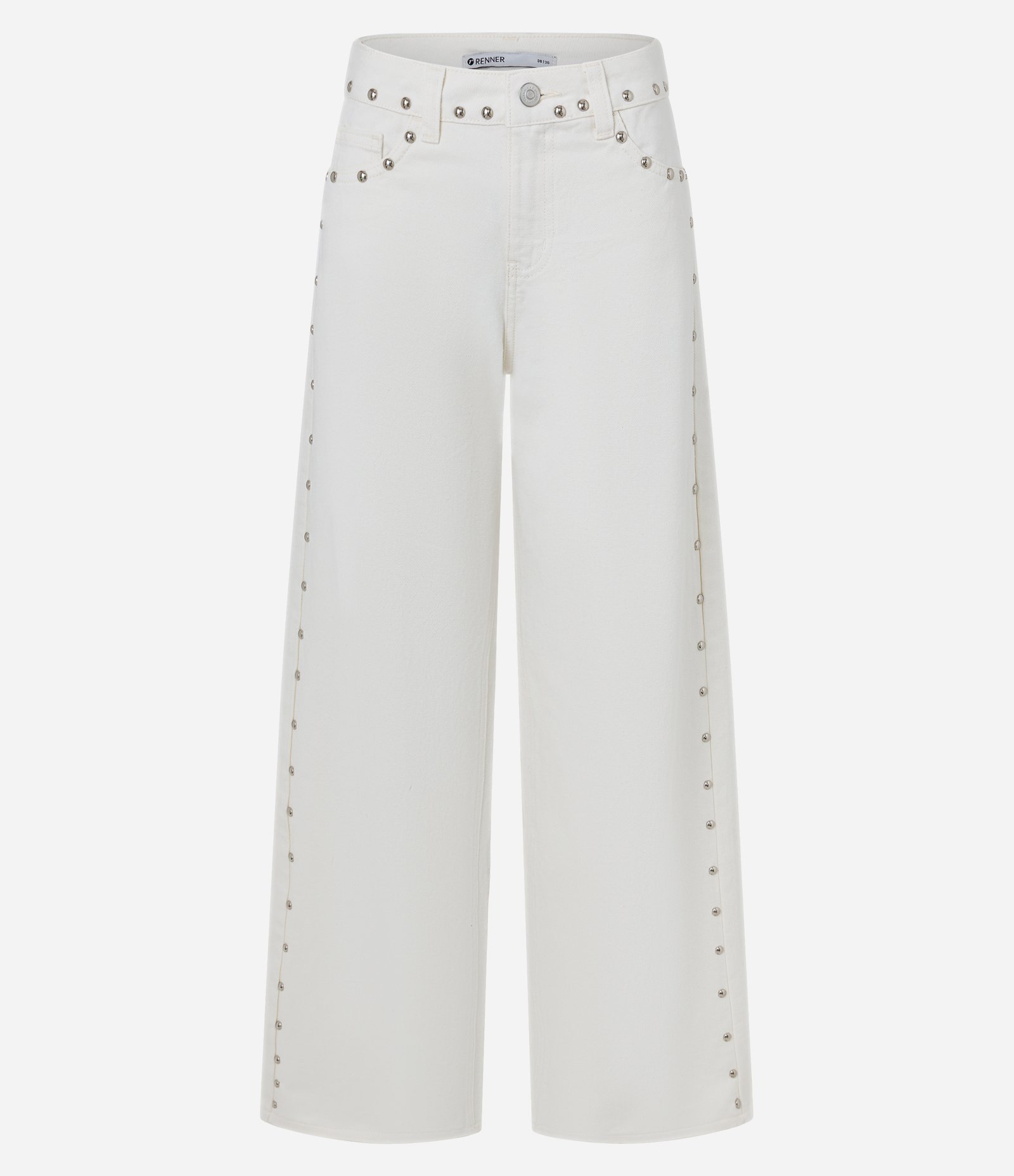 Calça Wide Leg em Sarja com Aplicação de Tachas Branco 1