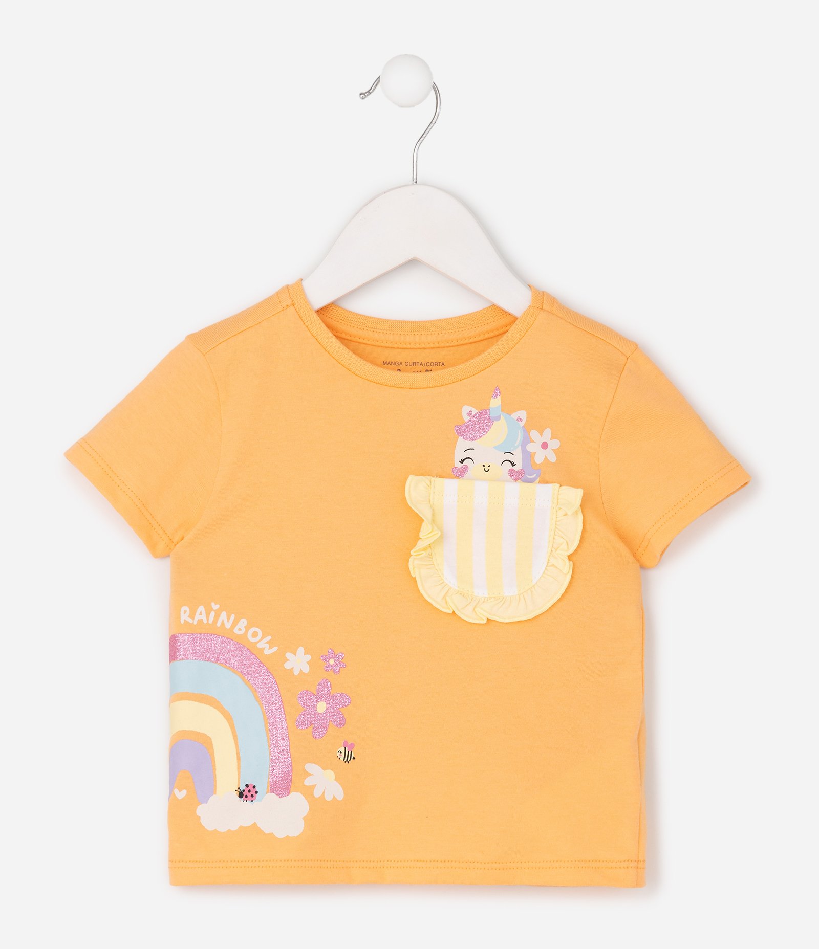 Camiseta Infantil Em Algodão Poim Estampa Unicórnio com Bolsinho - Tam 1 a 6 Anos Amarelo 8