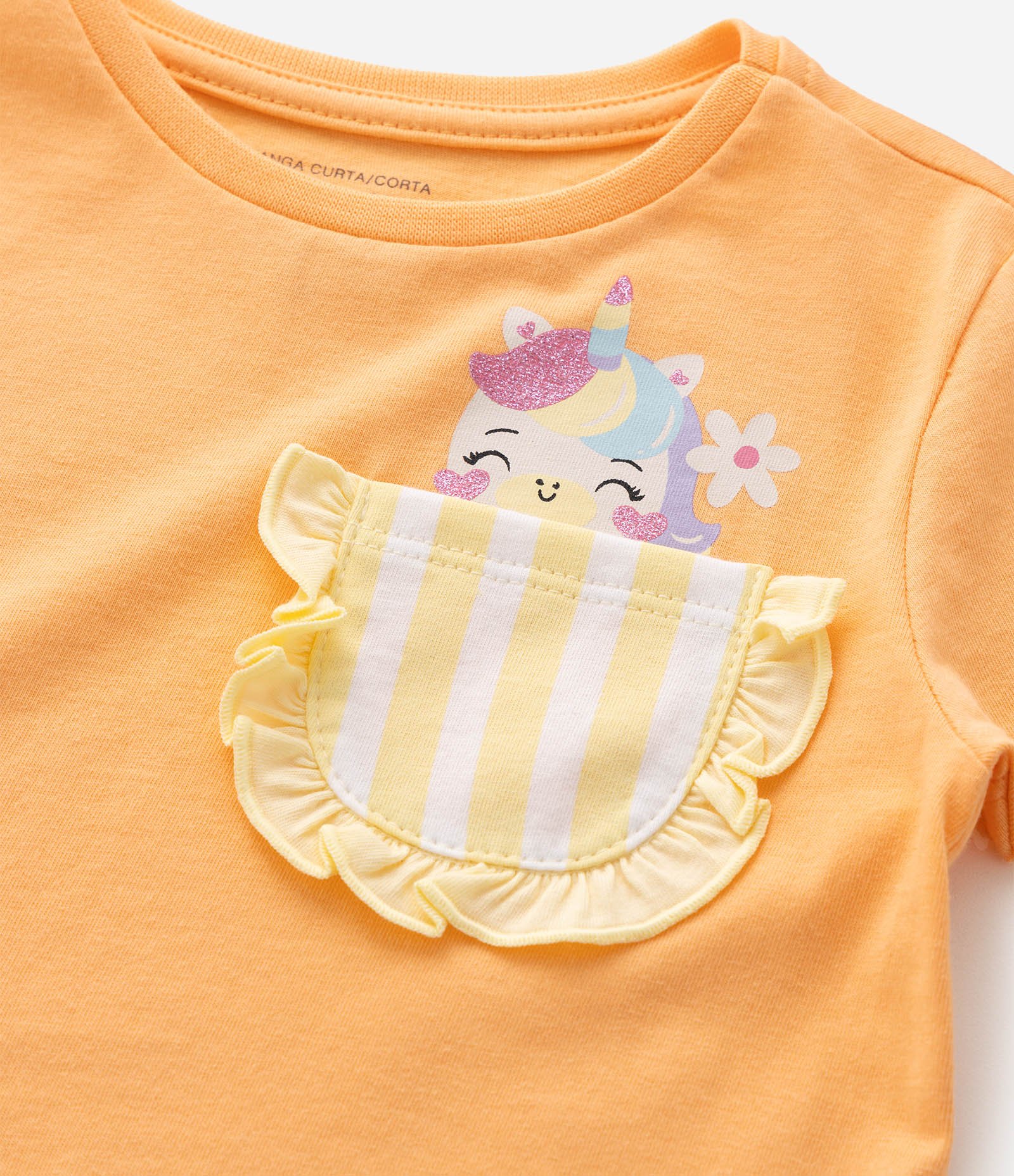 Camiseta Infantil Em Algodão Poim Estampa Unicórnio com Bolsinho - Tam 1 a 6 Anos Amarelo 7