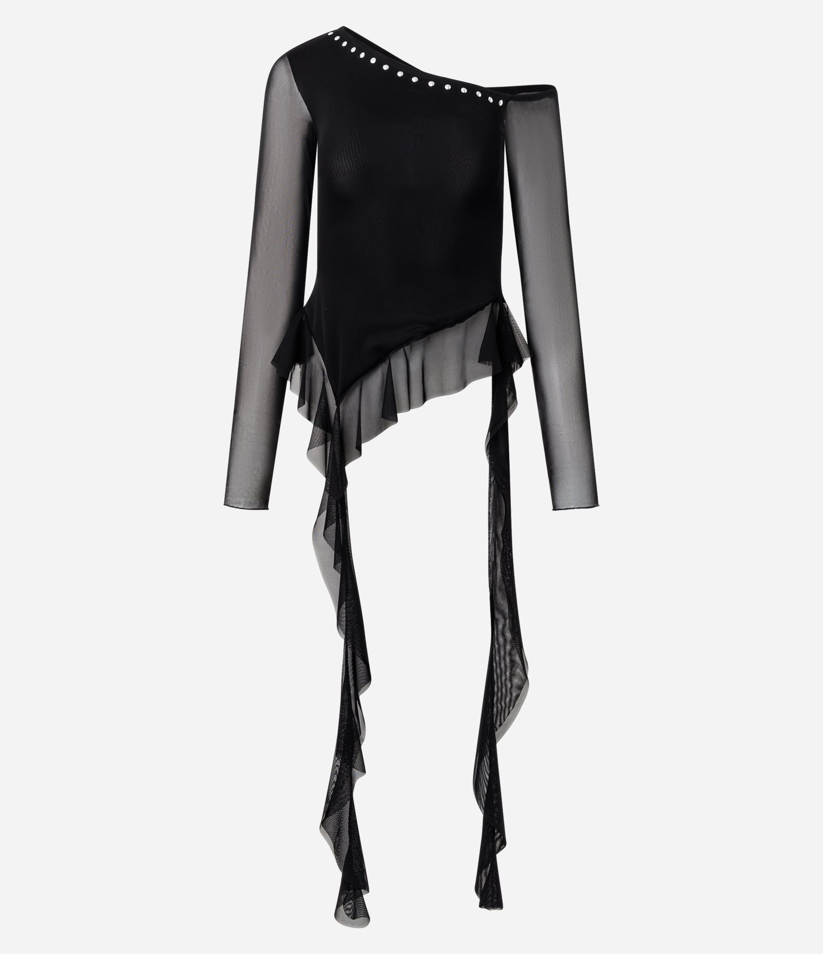 Blusa em Tule com Decote Assimétrico e Aplicação de Pedrarias Preto 1