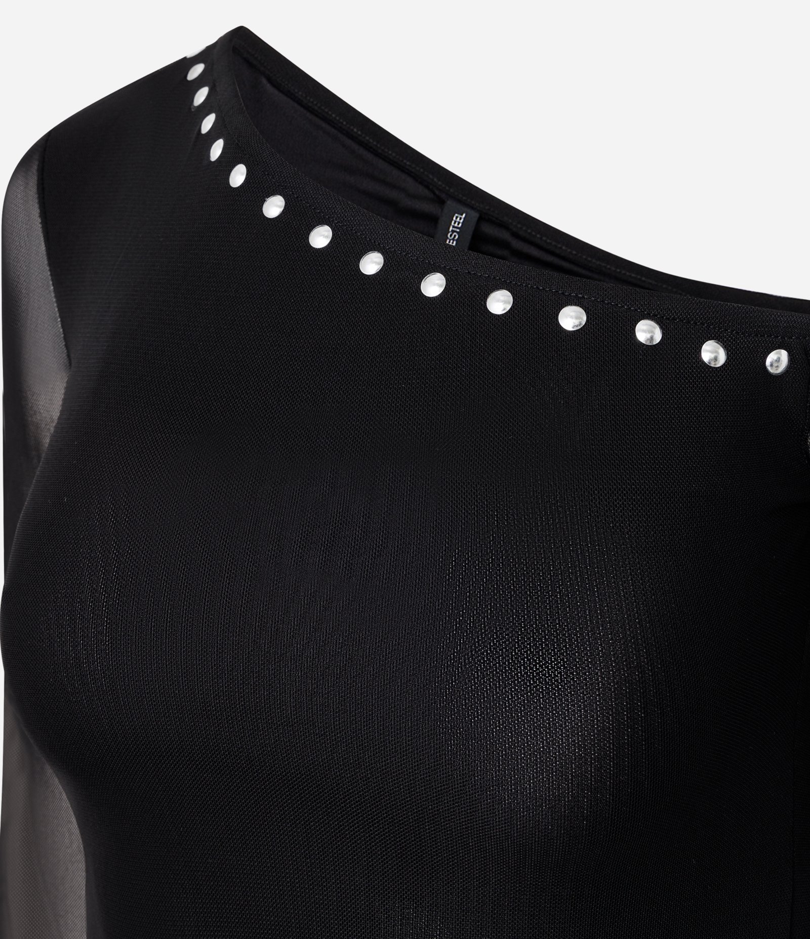 Blusa em Tule com Decote Assimétrico e Aplicação de Pedrarias Preto 2
