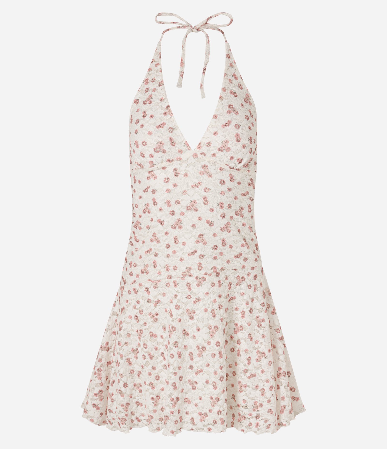 Vestido Frente Única Curto em Renda com Estampa Floral Liberty Branco/Rosa 1