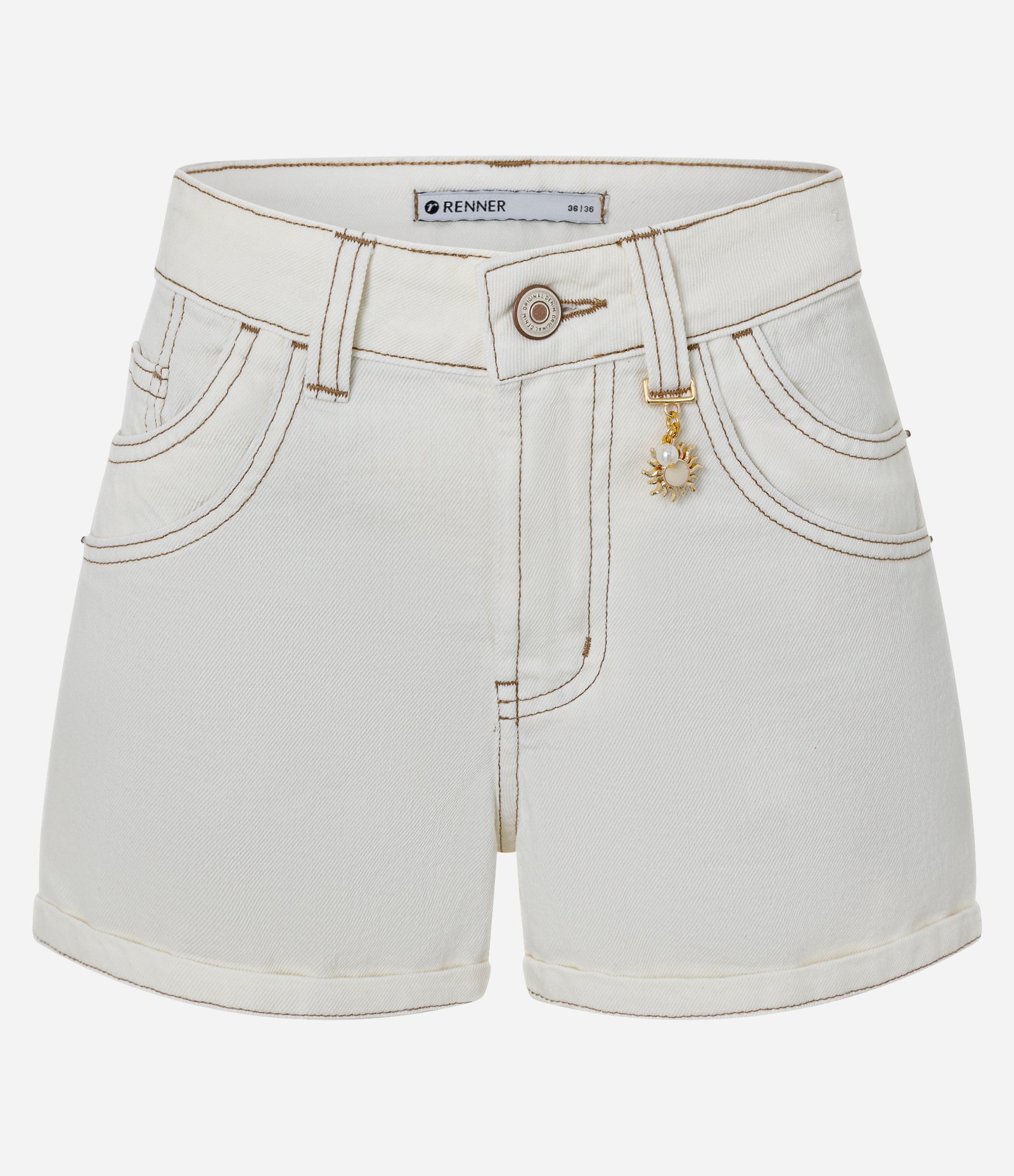 Short em Sarja com Barra Dobrada e Pingente de Pérola Branco 1