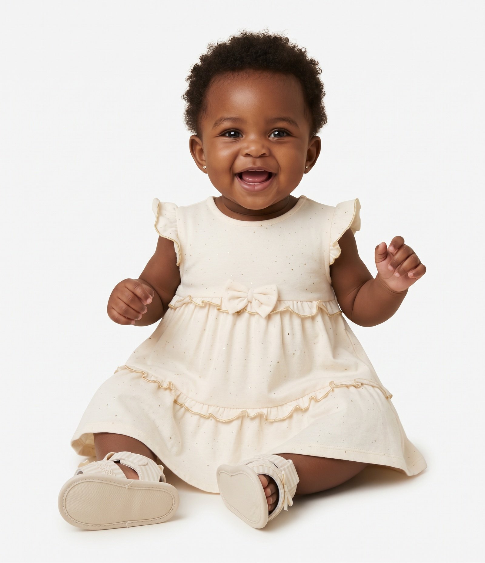 Vestido Bebê com Laço e Brilhinhos - Tam 0 a 18 Meses Bege 1
