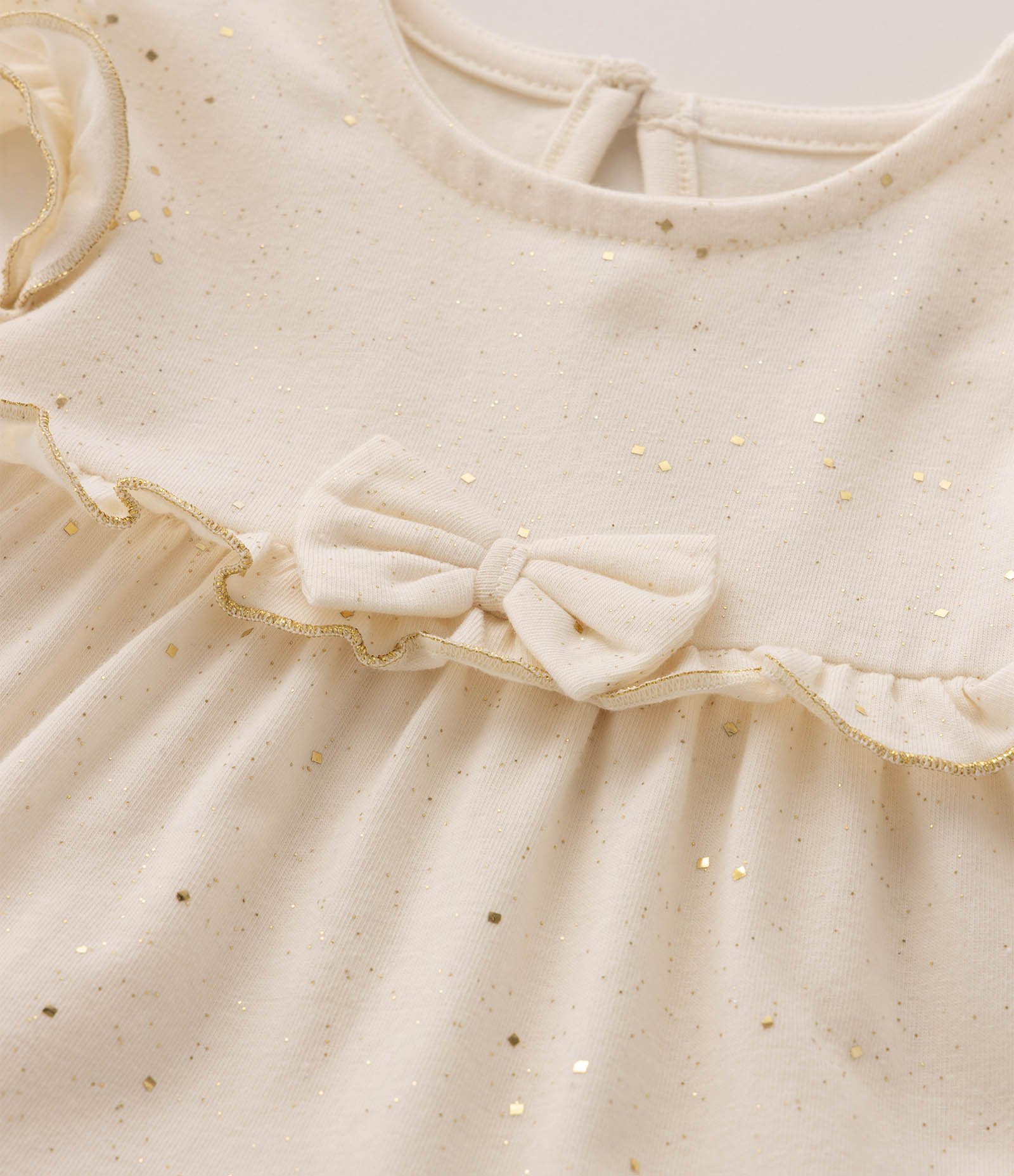 Vestido Bebê com Laço e Brilhinhos - Tam 0 a 18 Meses Bege 10