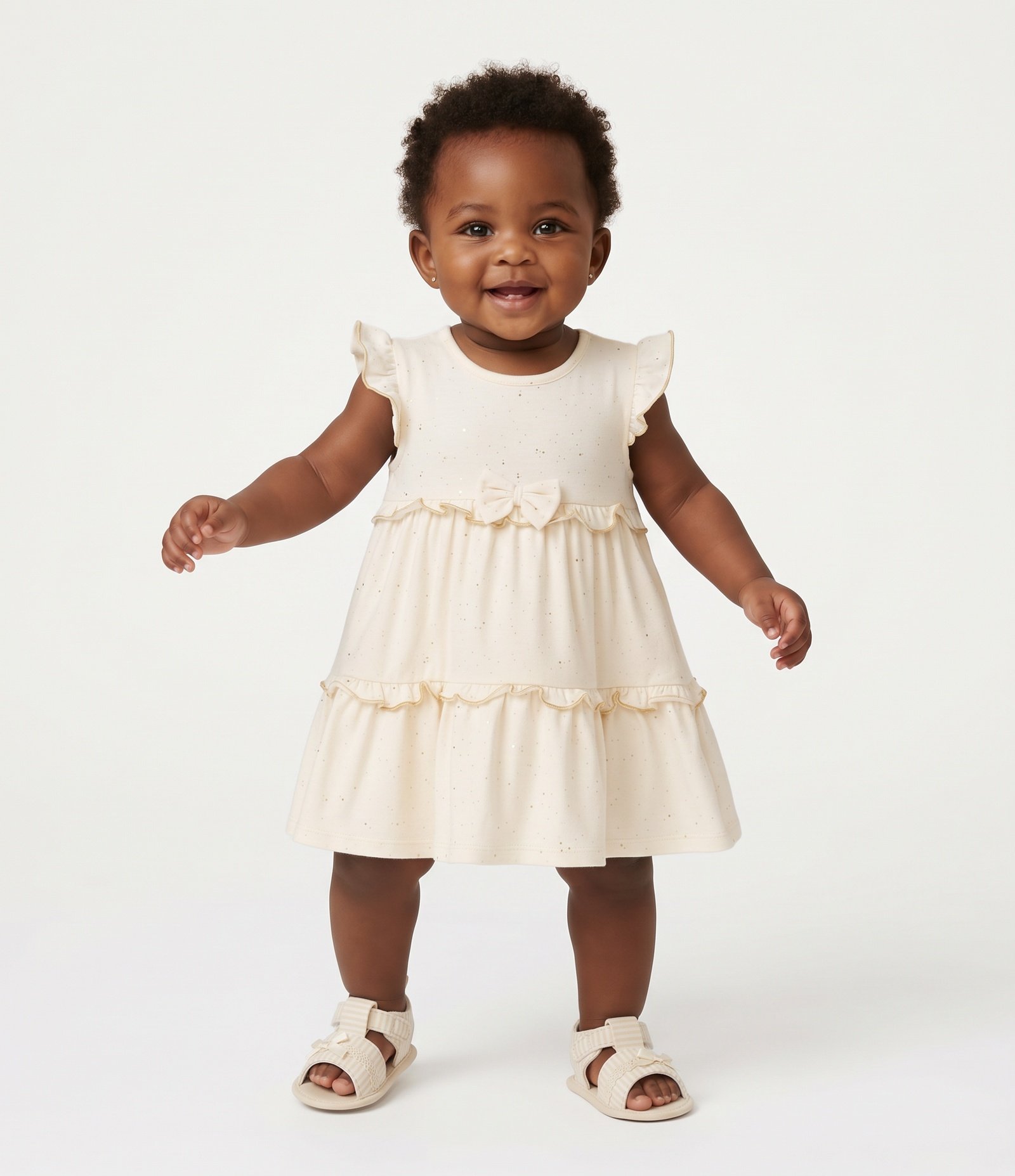 Vestido Bebê com Laço e Brilhinhos - Tam 0 a 18 Meses Bege 2