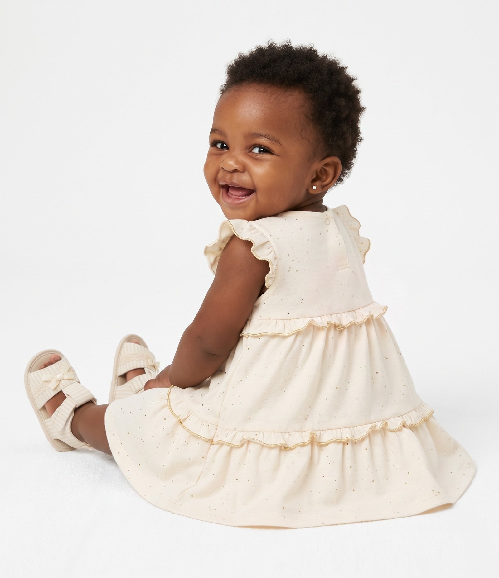 Vestido Bebê com Laço e Brilhinhos - Tam 0 a 18 Meses Bege 3
