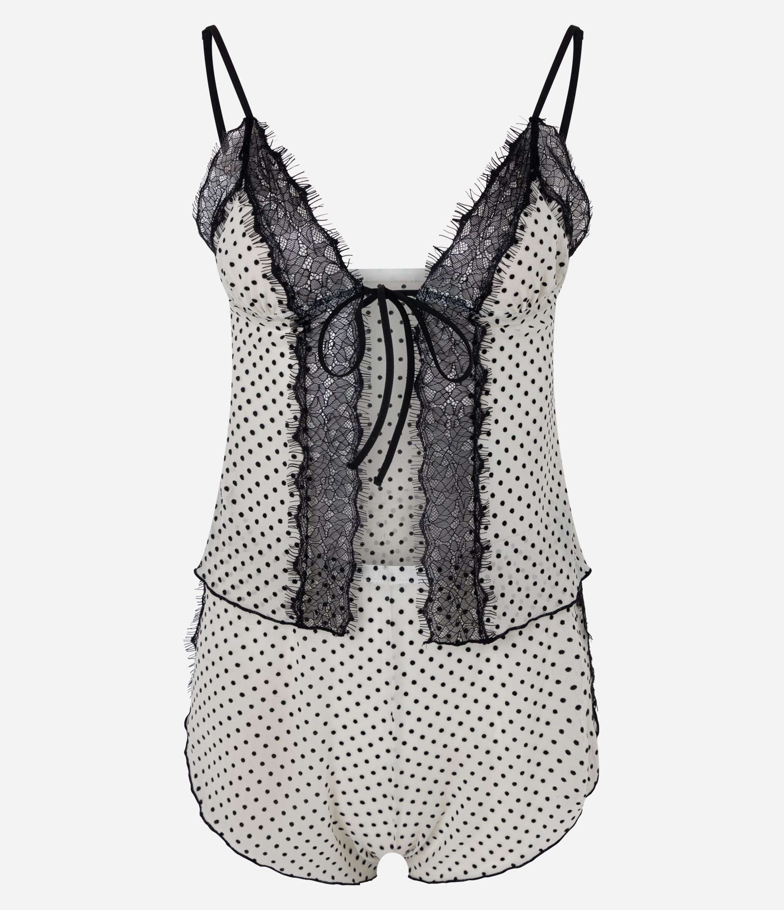 Pijama Short Doll em Tule Poá com Renda Off White 5