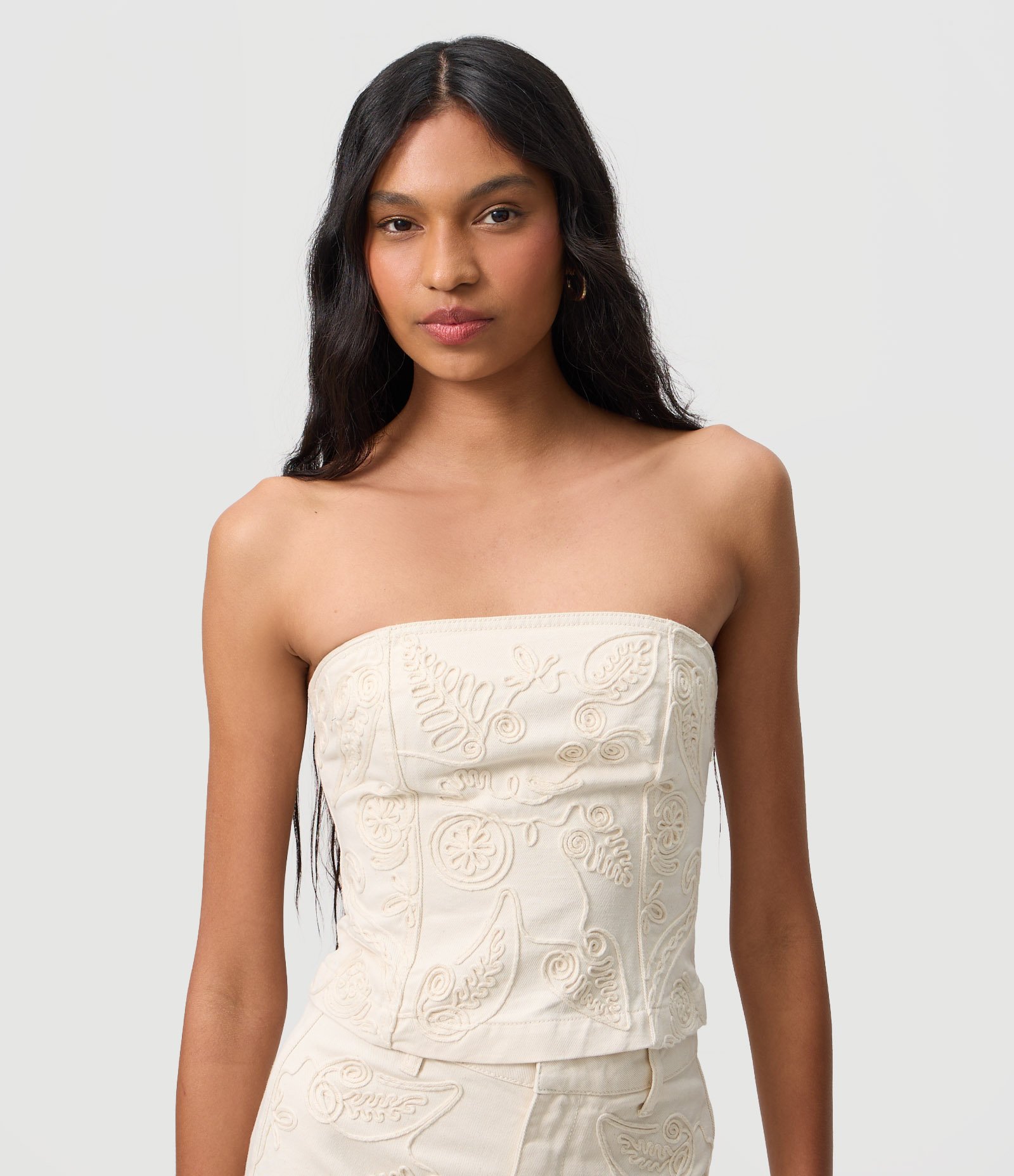 Blusa Corset em Sarja com Bordado Floral de Corda Off White 1