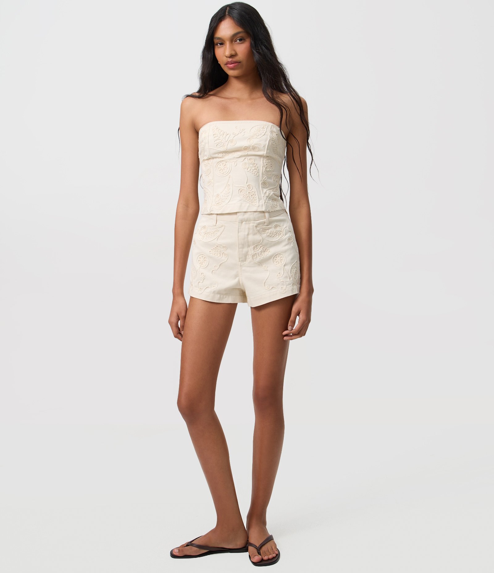 Blusa Corset em Sarja com Bordado Floral de Corda Off White 2