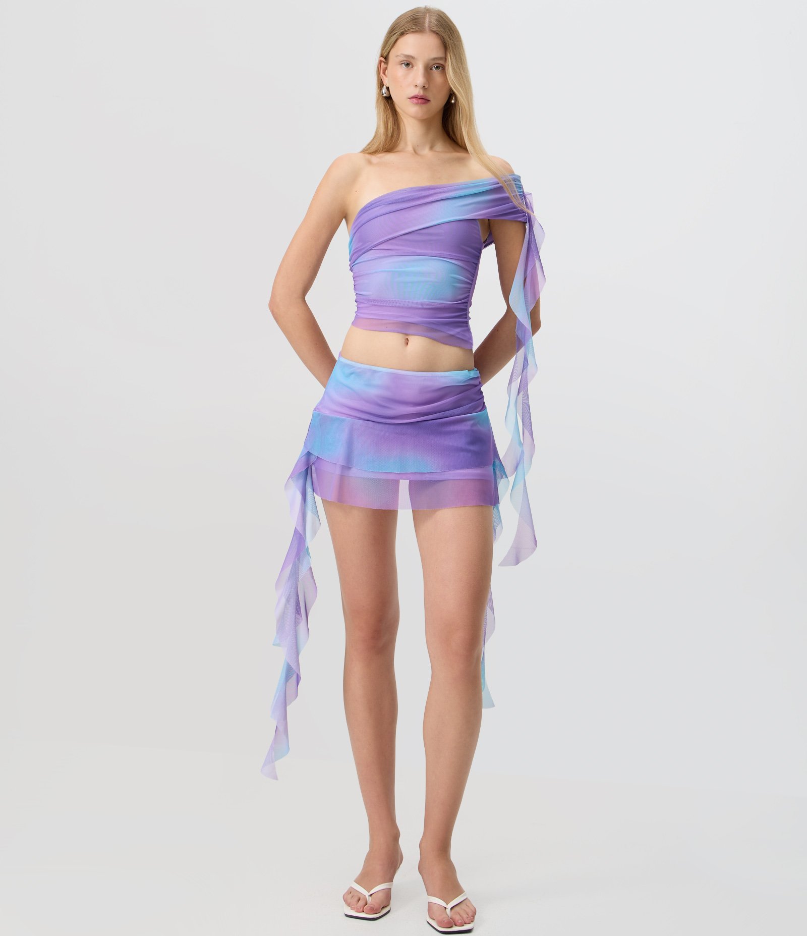 Blusa Ombro Único em Tule Estampado com Pontas Alongadas Roxo 2