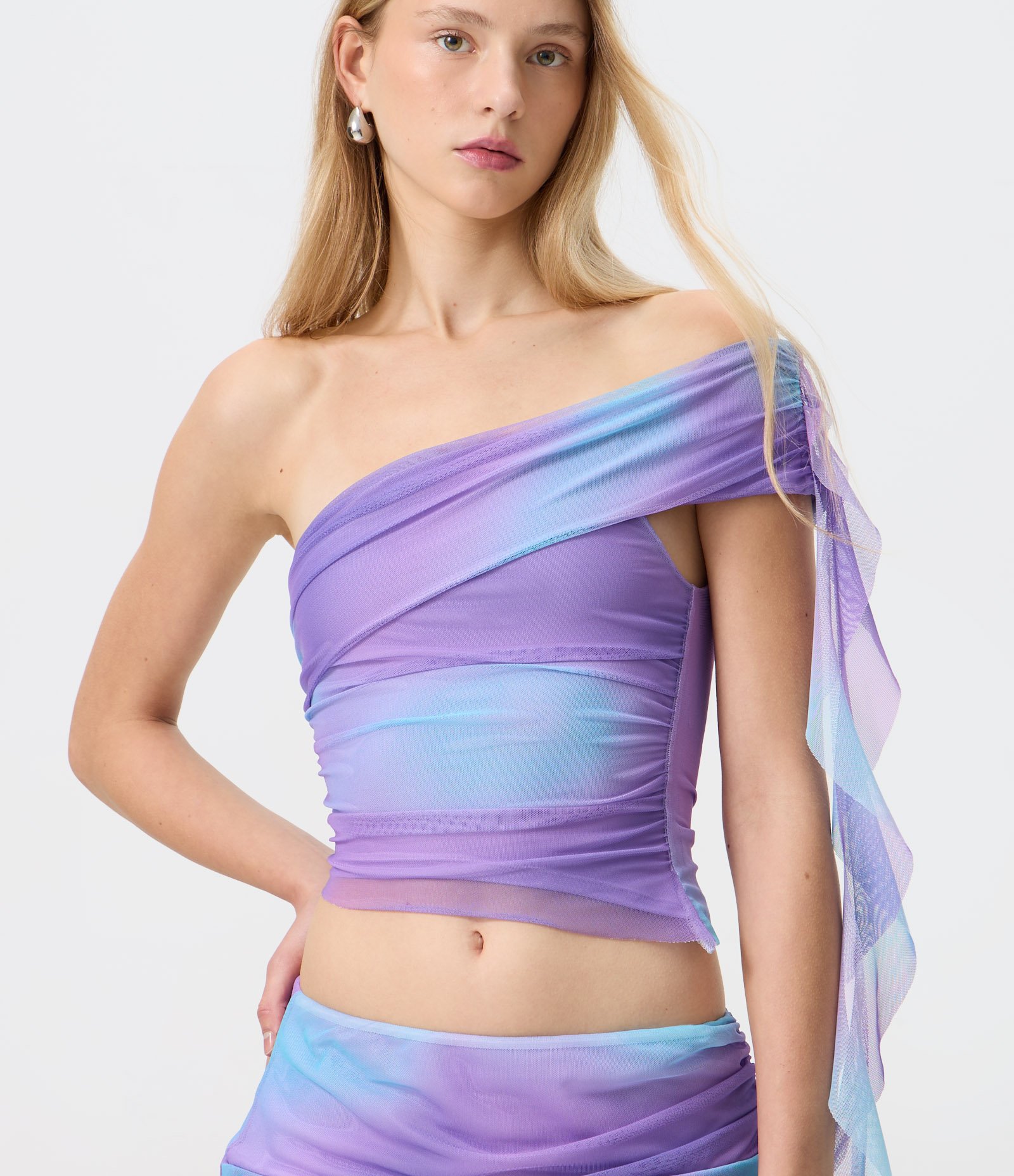 Blusa Ombro Único em Tule Estampado com Pontas Alongadas Roxo 3