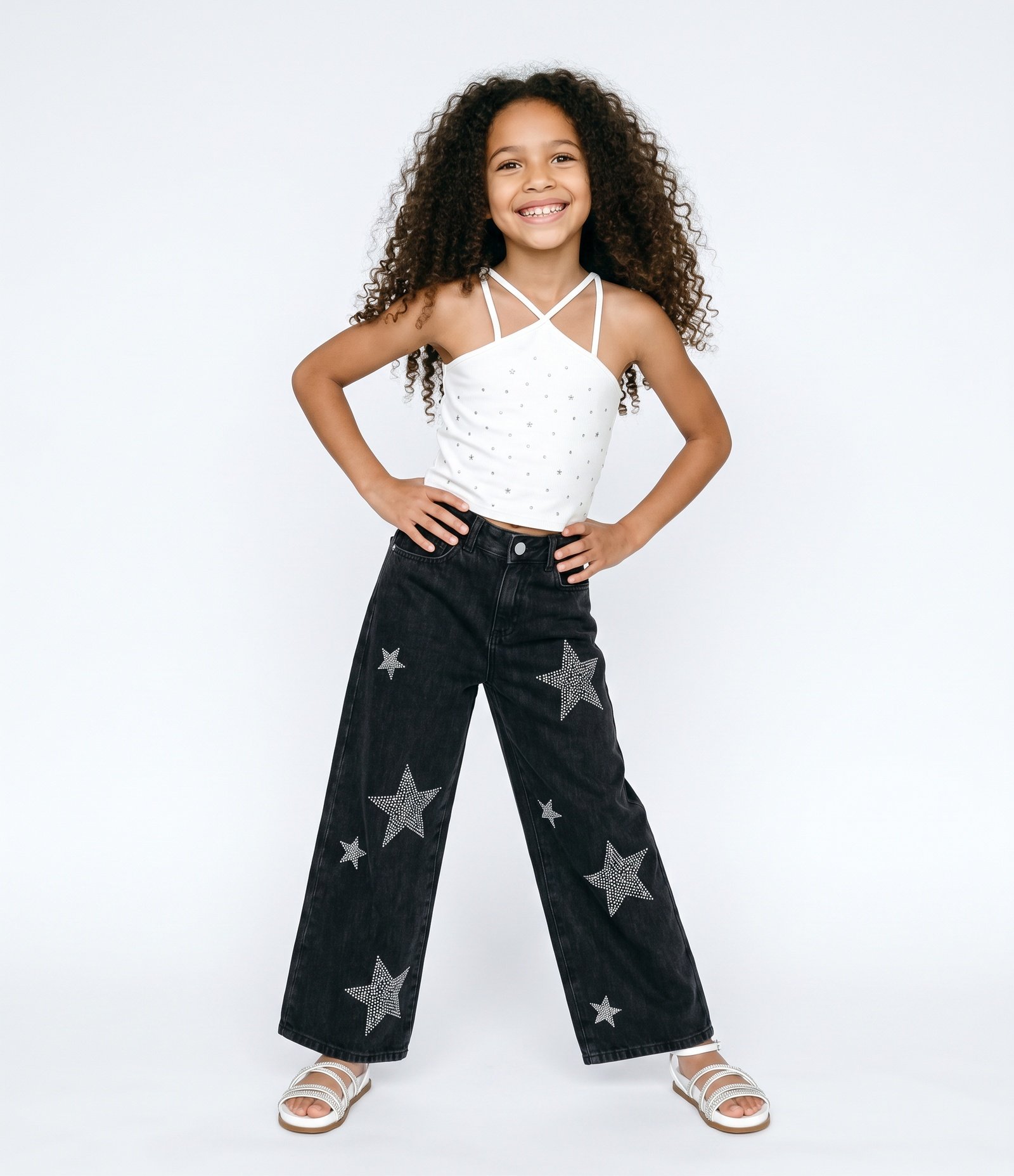 Calça Jeans Infantil com Aplicação de Estrelas - Tam 7 a 16 Anos Preto 1