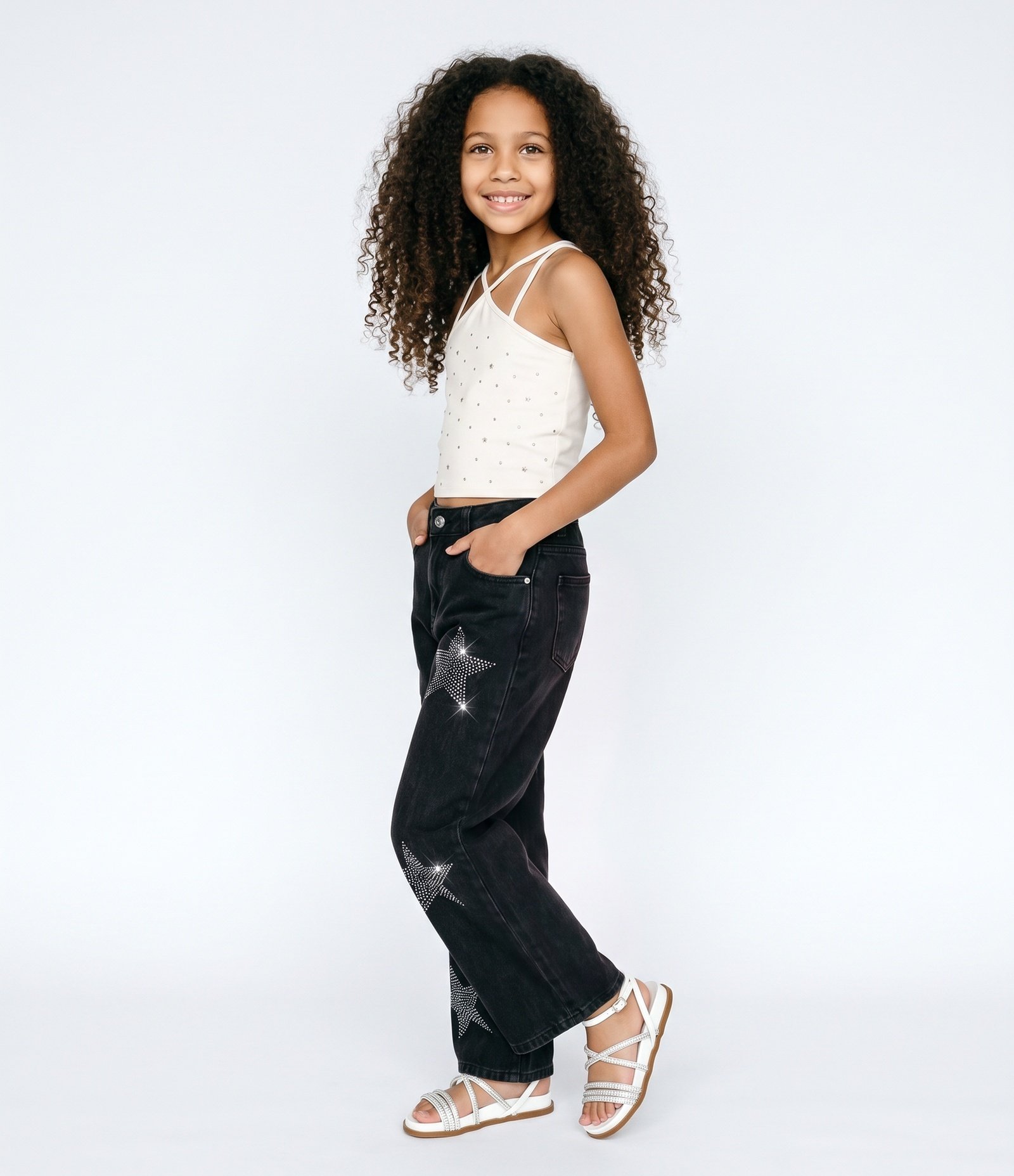 Calça Jeans Infantil com Aplicação de Estrelas - Tam 7 a 16 Anos Preto 2