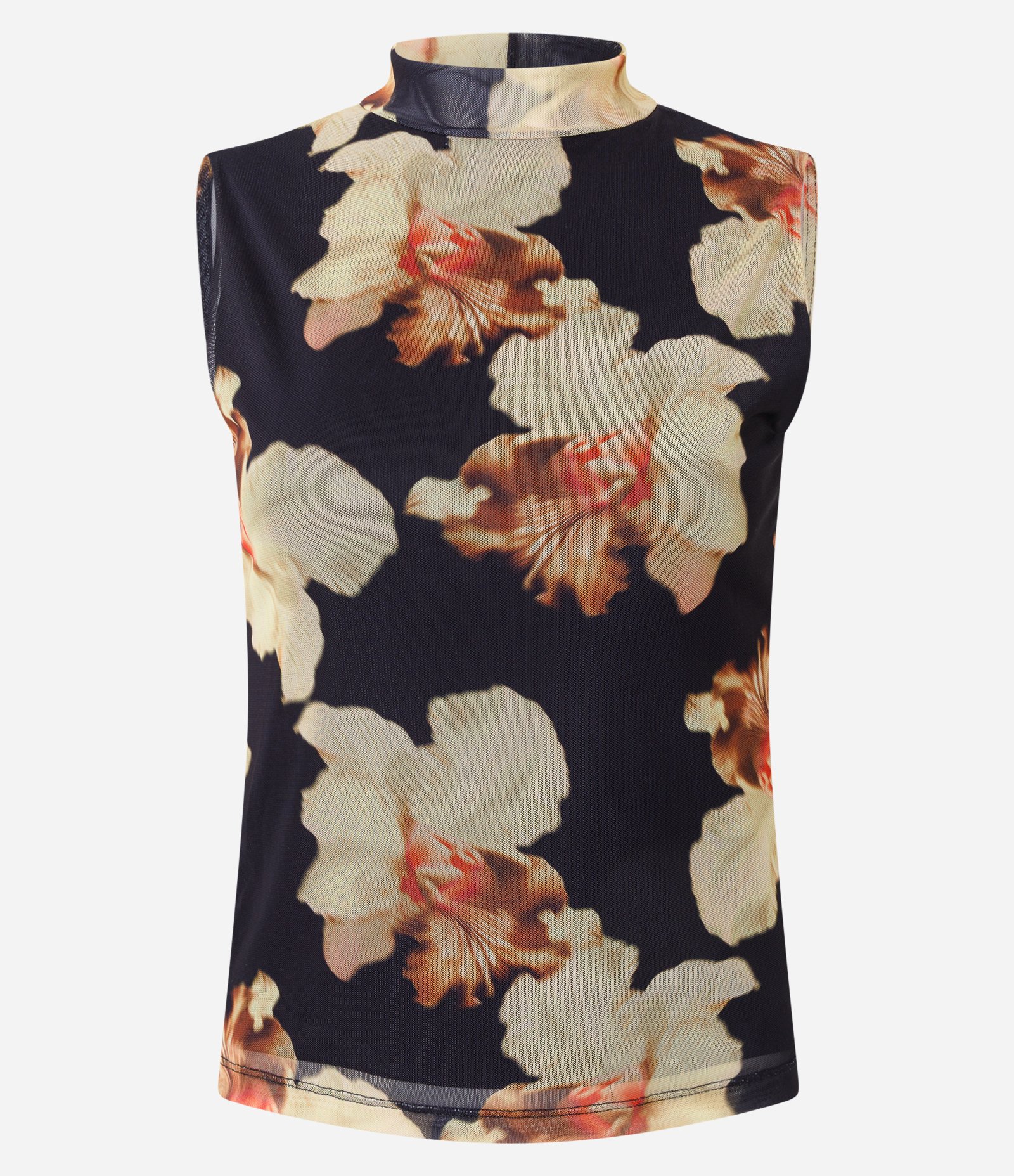 Blusa em Tule Estampado com Gola Alta Preto 1