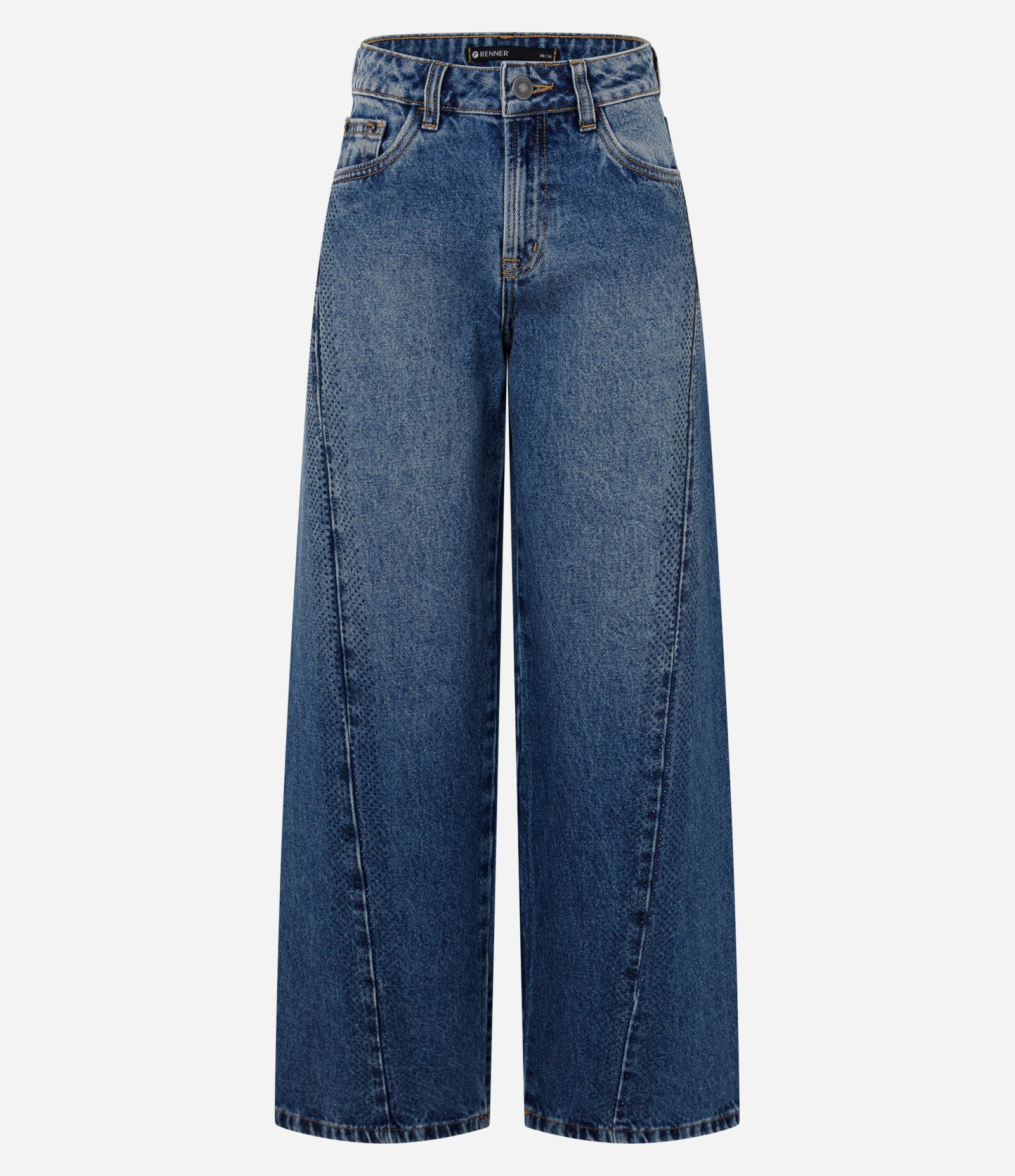 Calça Wide em Jeans com Brilhos e Recorte Transversal Azul 1