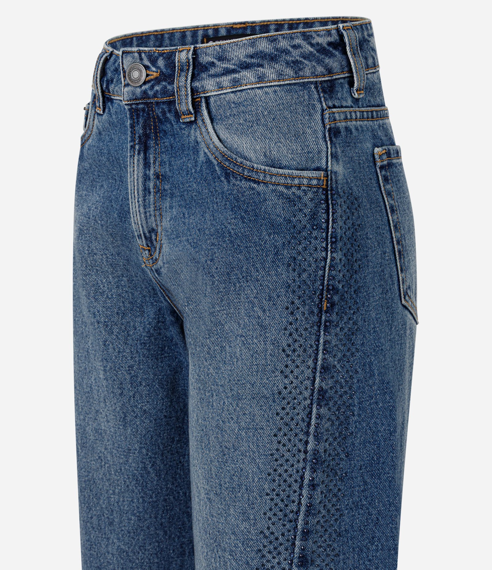 Calça Wide em Jeans com Brilhos e Recorte Transversal Azul 2