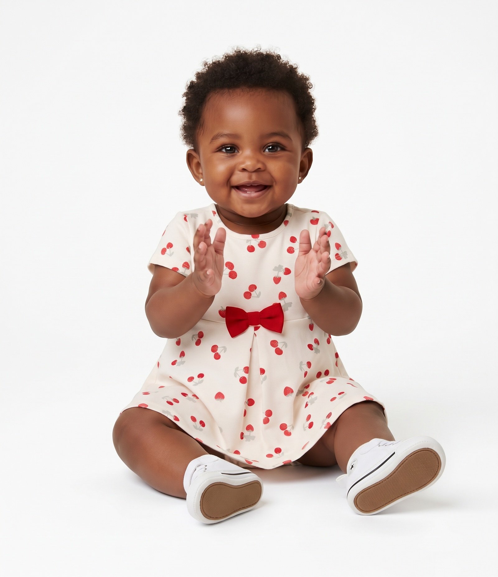 Vestido Bebê em Algodão Estampa de Cerejas e Laço na Cintura - Tam 0 a 18 Meses Bege 1