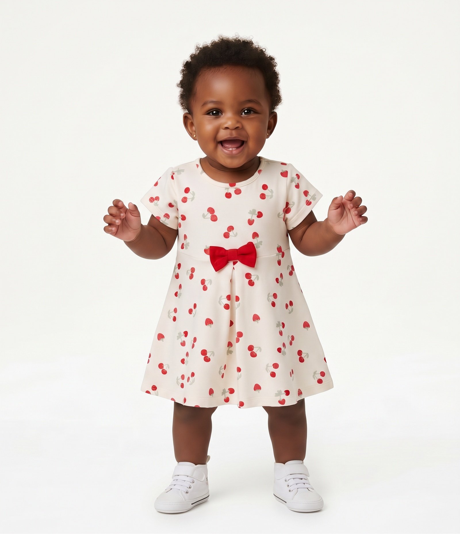 Vestido Bebê em Algodão Estampa de Cerejas e Laço na Cintura - Tam 0 a 18 Meses Bege 2