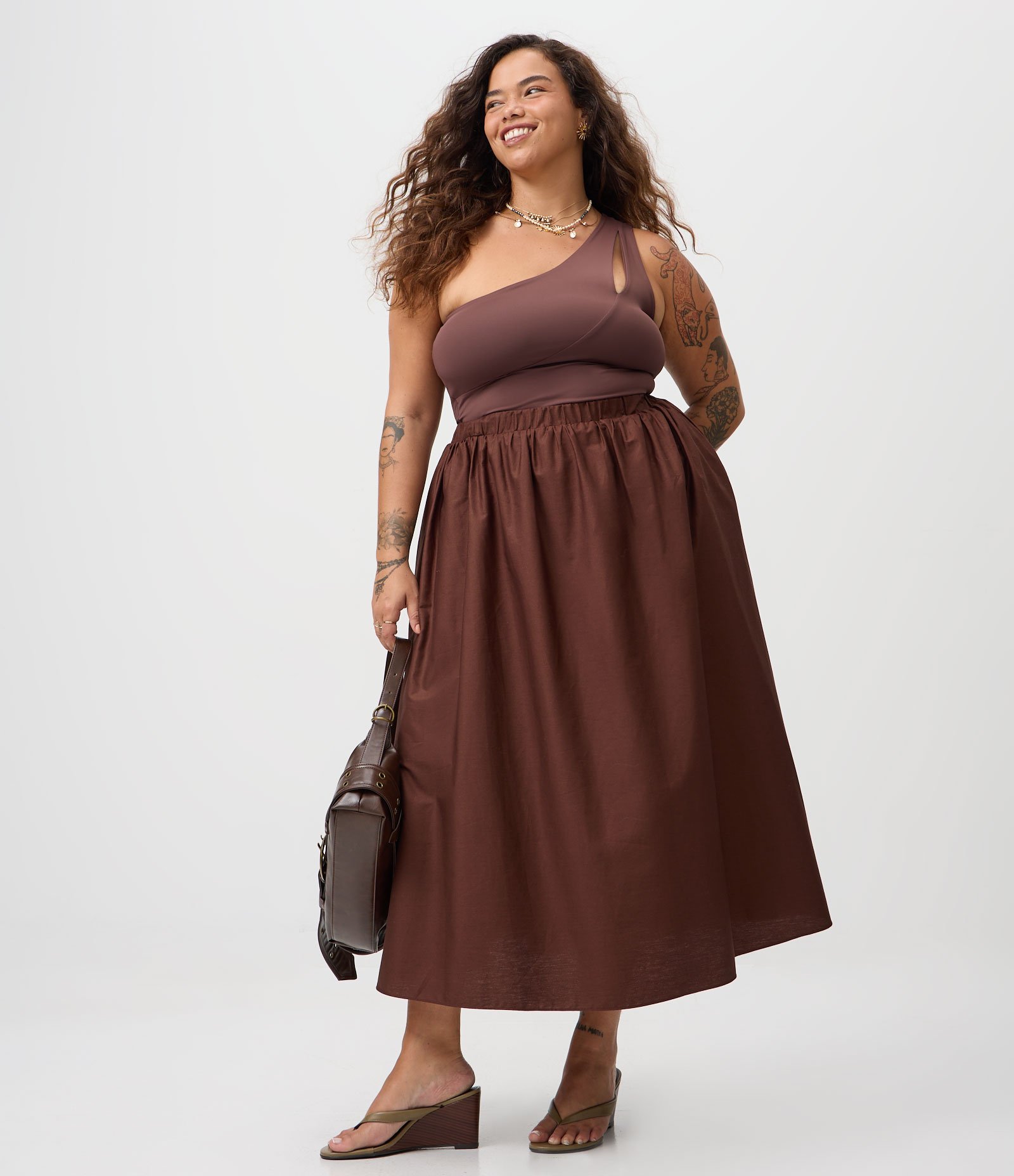 Saia Midi Tricoline com Bolsos Curve & Plus Size Marrom 1