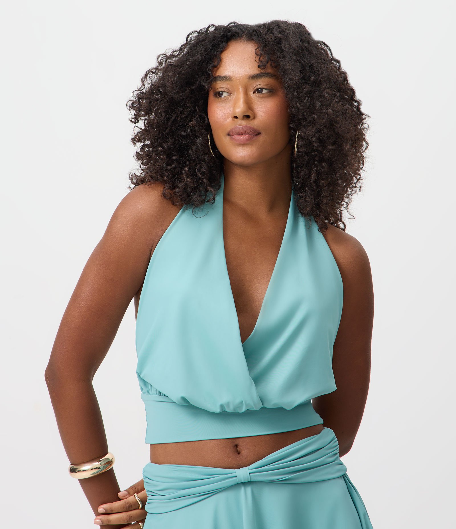 Blusa Frente Única em Microfibra com Efeito Blusê Azul 1