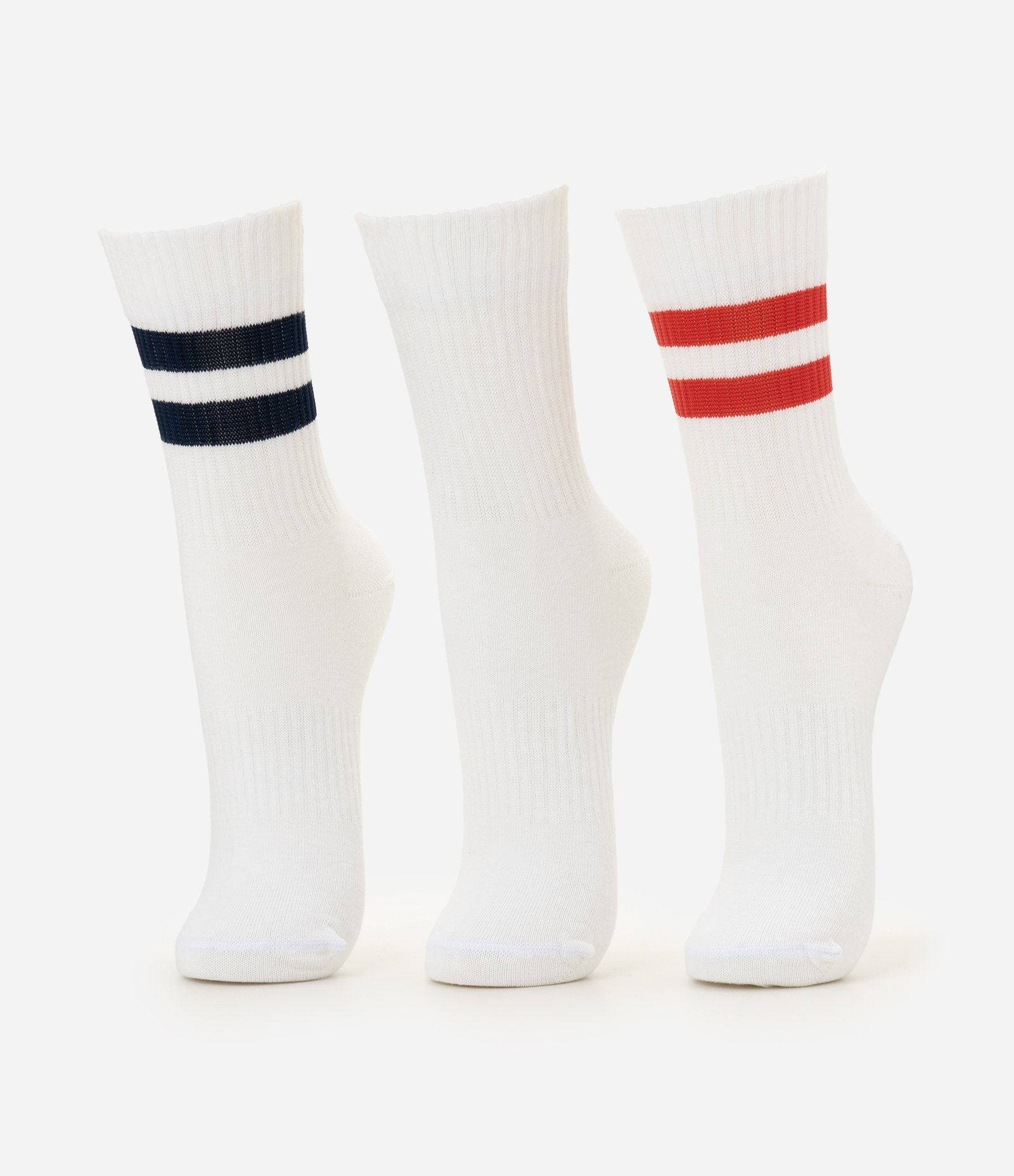 Kit 03 Meias Esportivas Cano Médio em Algodão com Listras Branco 1