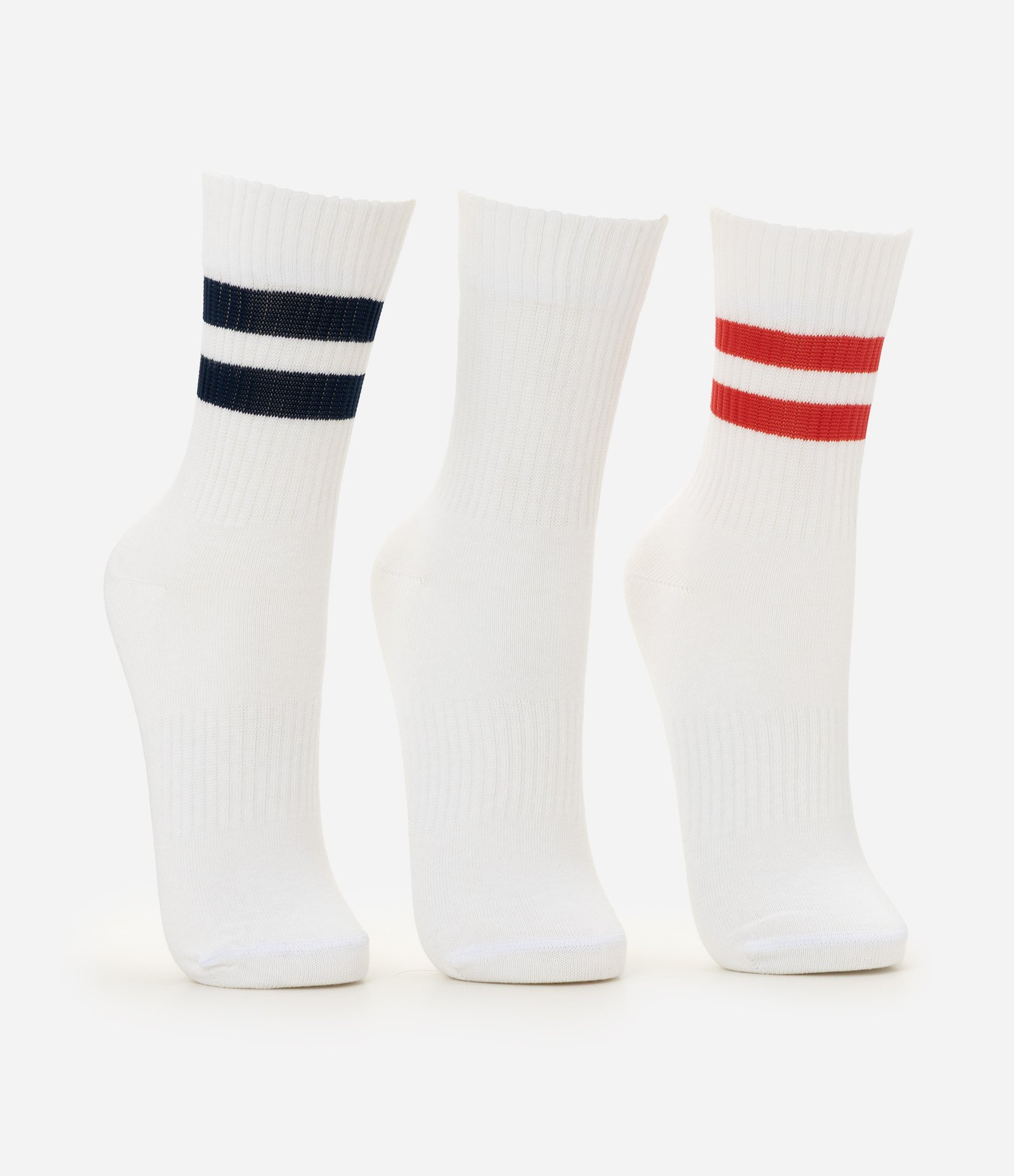 Kit 03 Meias Esportivas Cano Médio em Algodão com Listras Branco 2