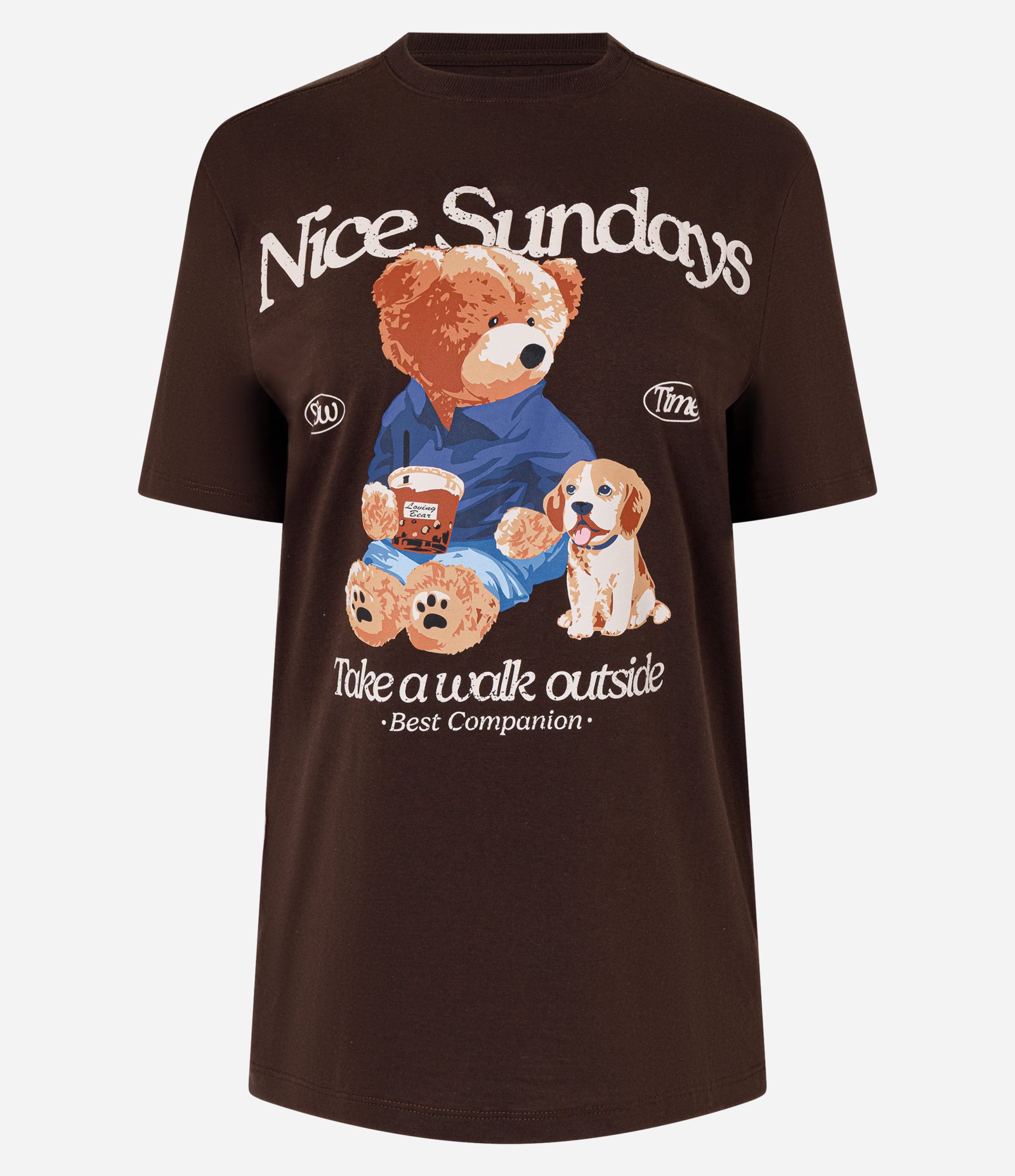 Camiseta em Algodão com Estampa Ursinho e Lettering Nice Sundays Marrom Escuro 1