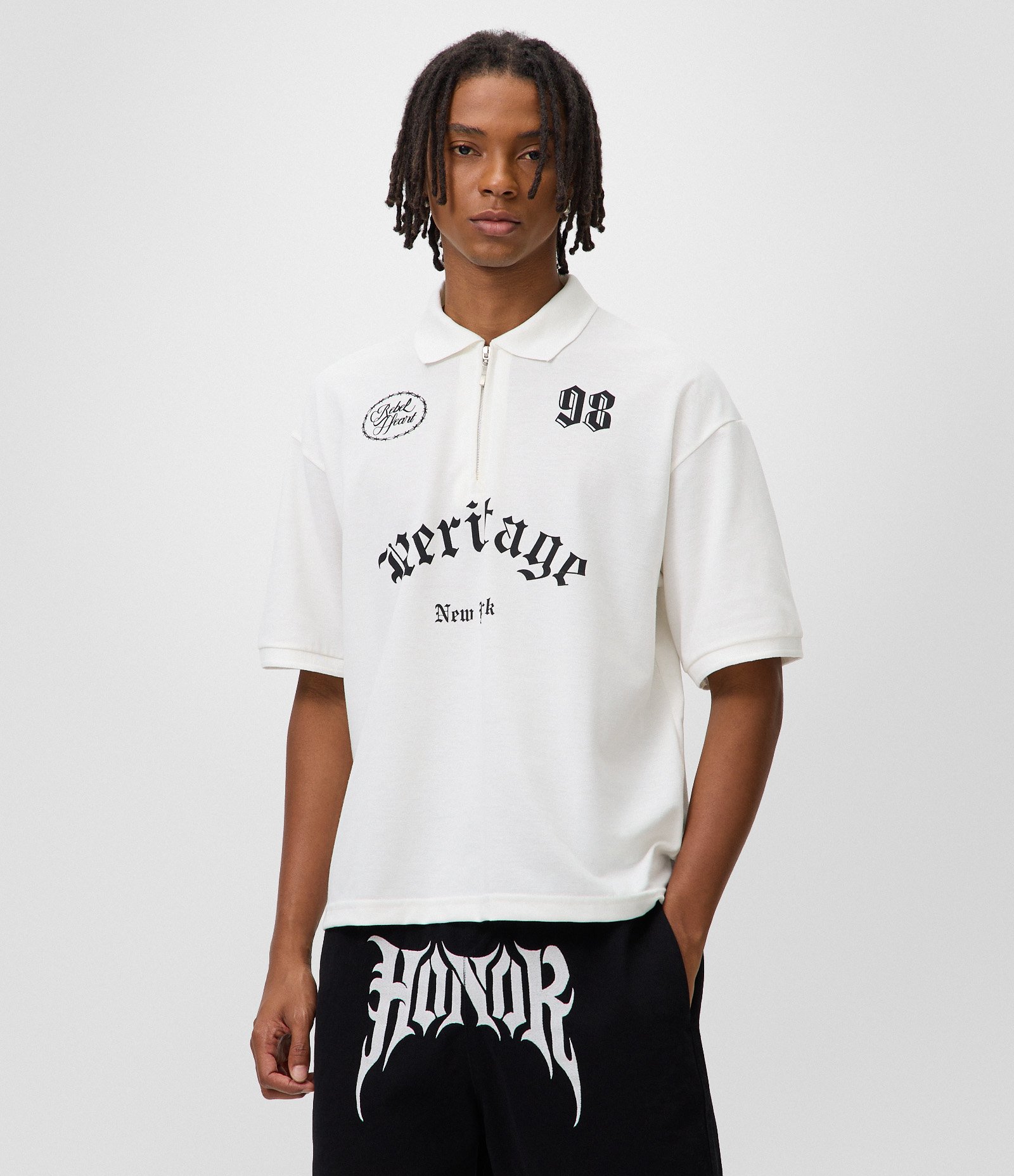 Camiseta Boxy em Piquet com Lettering Heritage com Zíper e Gola Polo Branco 1