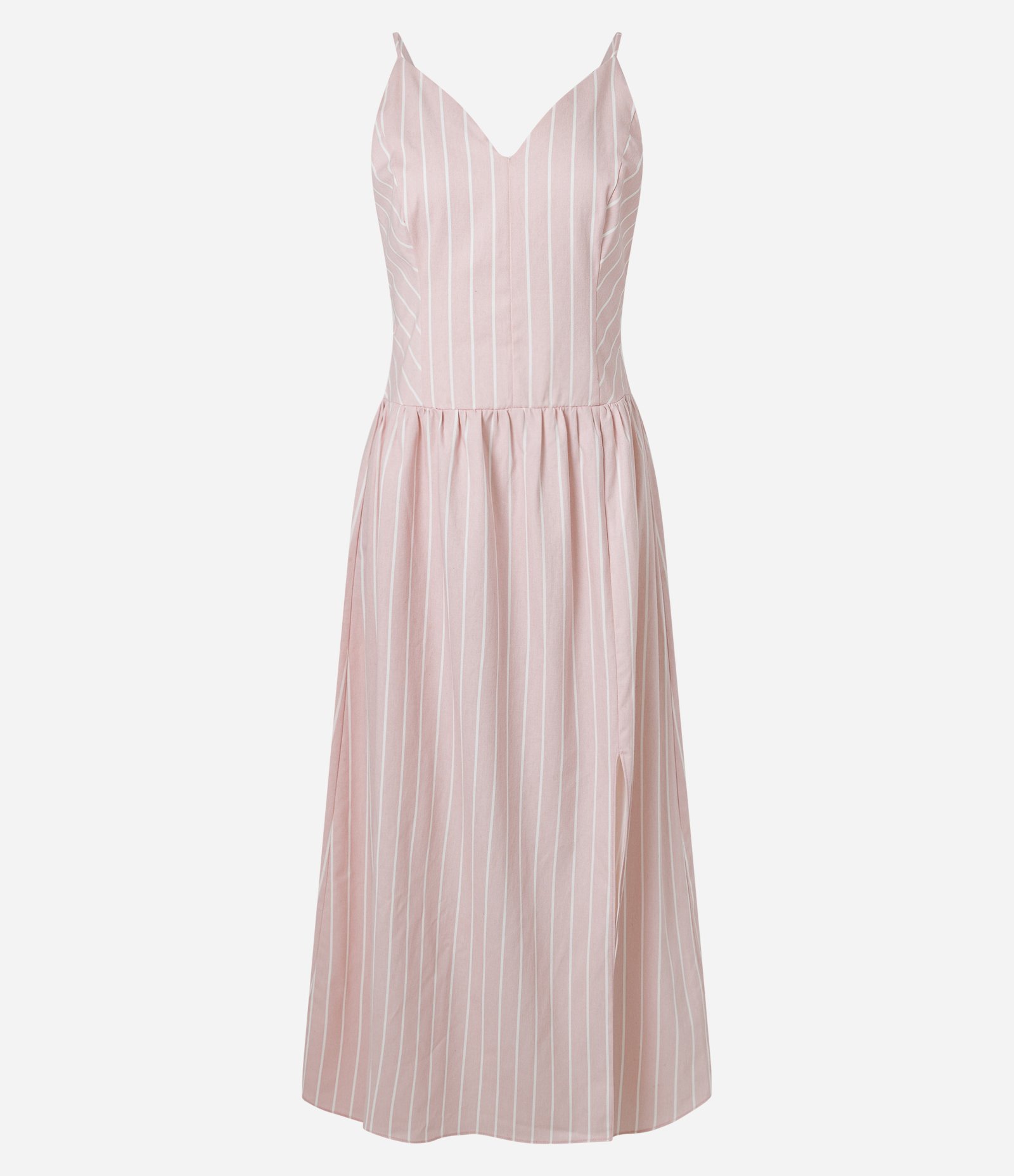 Vestido New Midi em Sarja com Estampa de Listras e Amarração Rosa 1