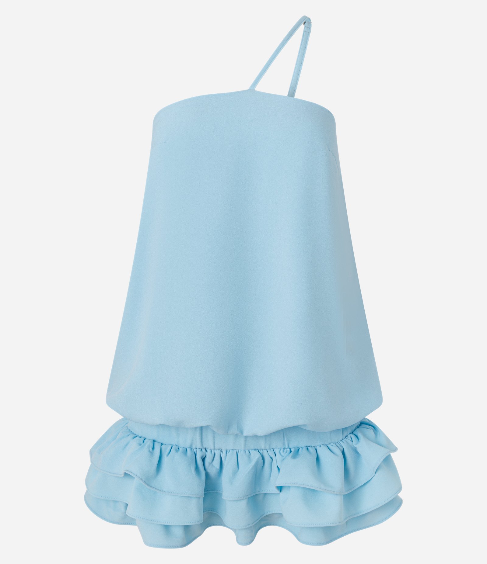 Vestido Curto em Crepe com Alça Única e Babados na Barra Azul 5