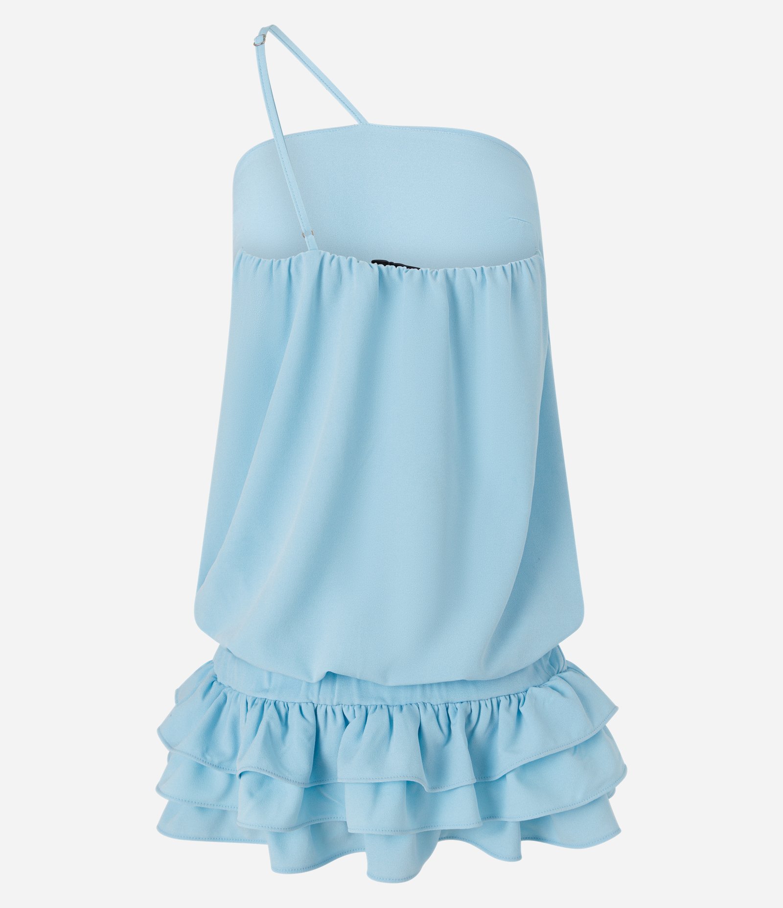 Vestido Curto em Crepe com Alça Única e Babados na Barra Azul 6