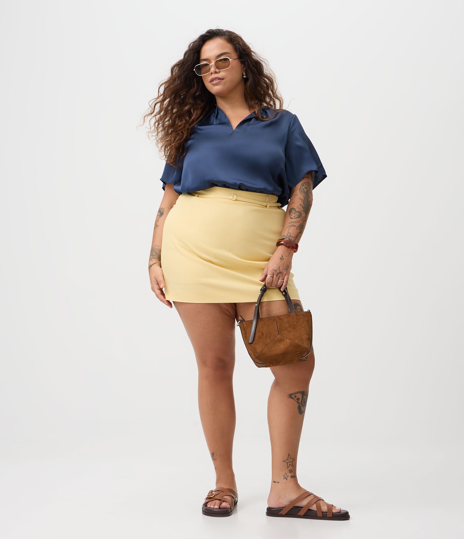 Short Saia Alfaiatado Curve & Plus Size Amarelo 1