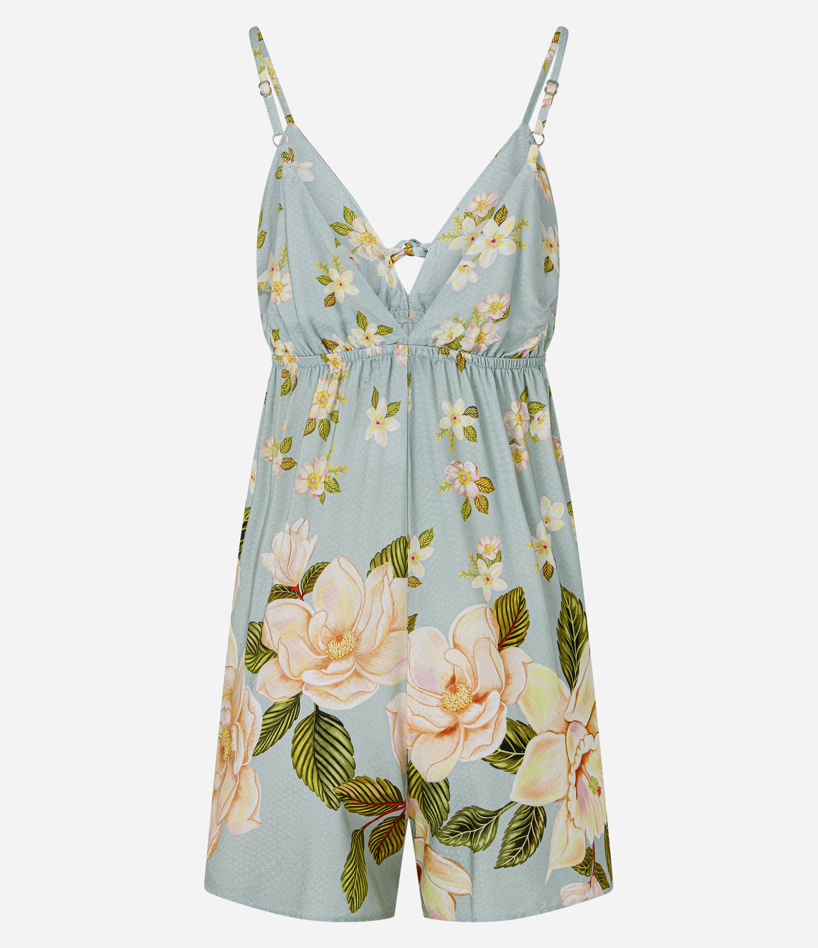Macaquinho de Alcinha em Viscose Floral com Amarração Frontal Azul 2