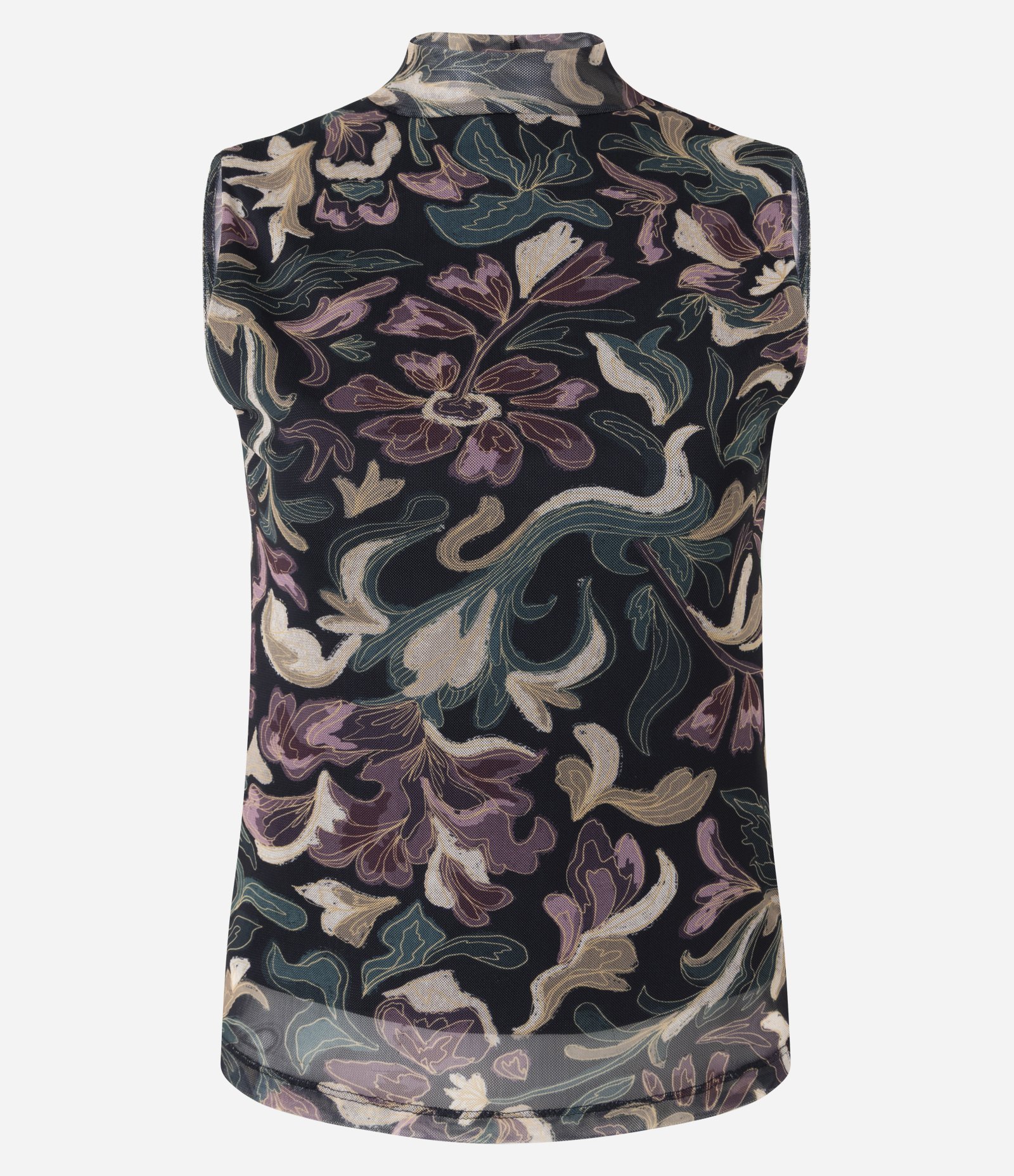 Blusa em Tule Estampado Floral Abstrato com Gola Alta Preto 5