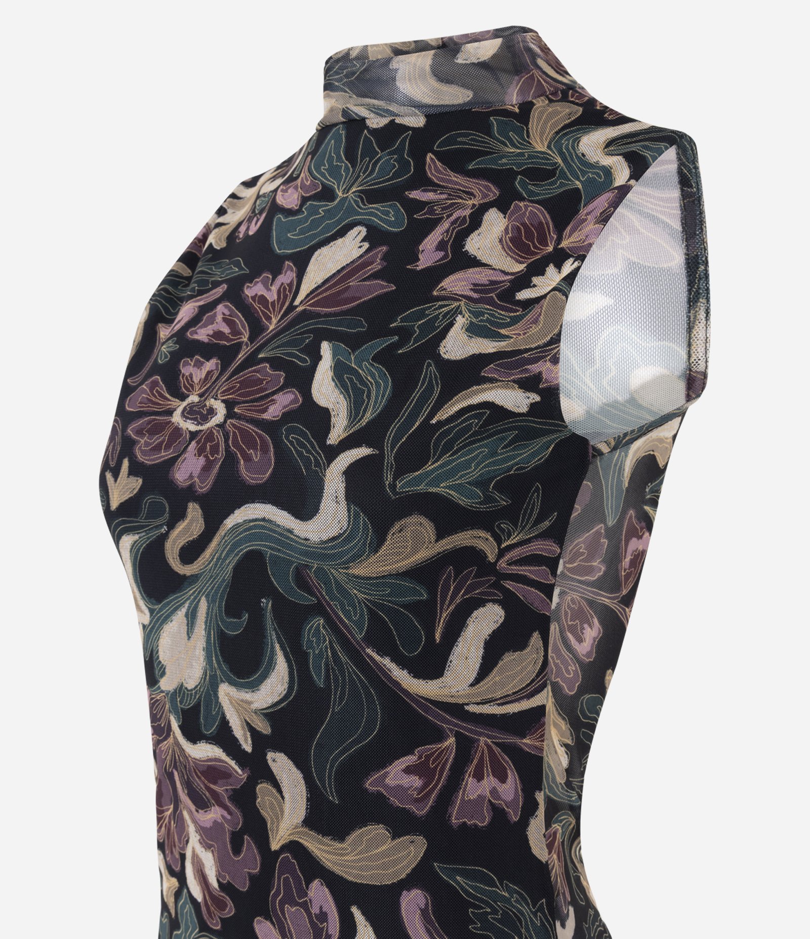 Blusa em Tule Estampado Floral Abstrato com Gola Alta Preto 6