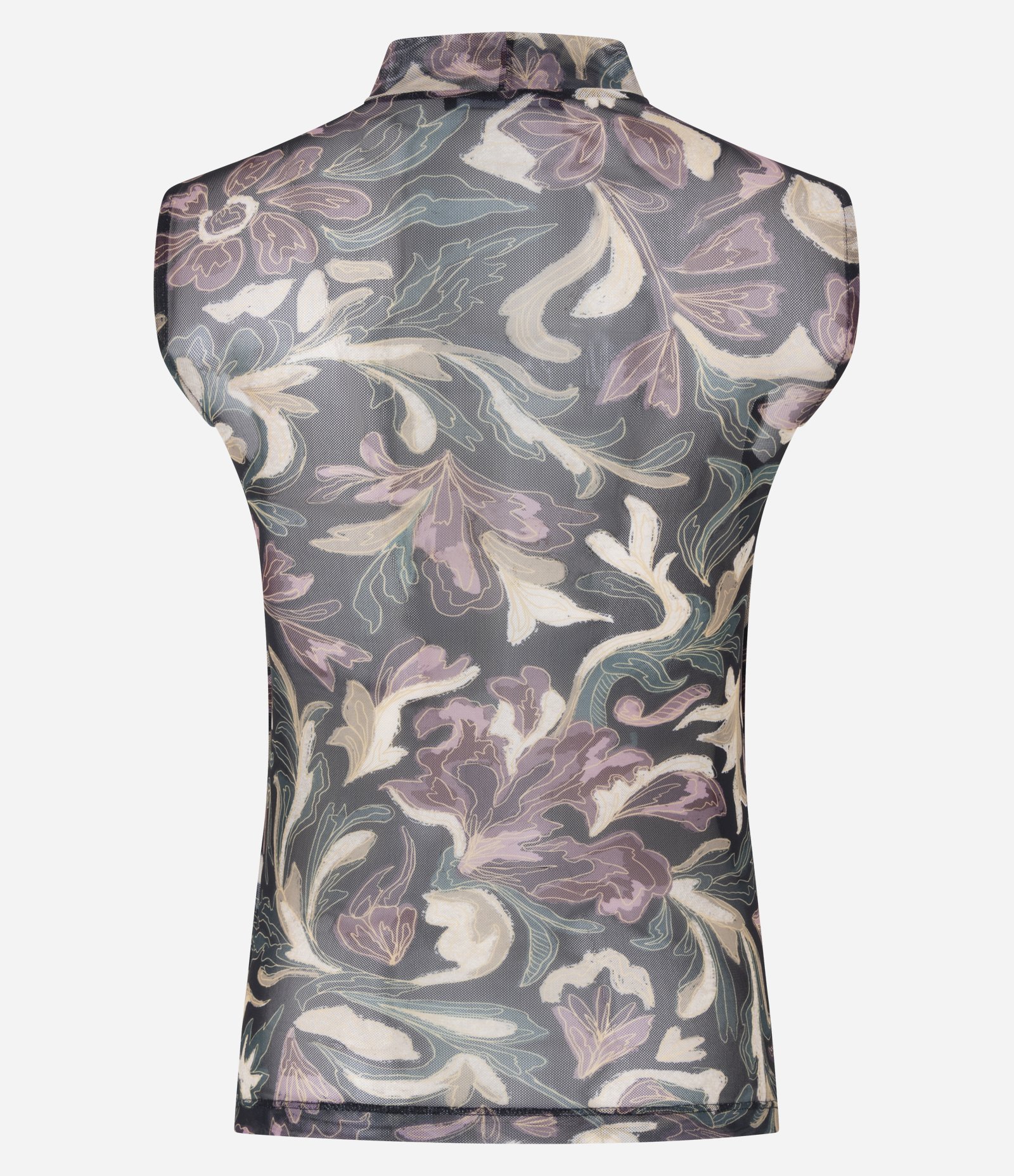Blusa em Tule Estampado Floral Abstrato com Gola Alta Preto 7
