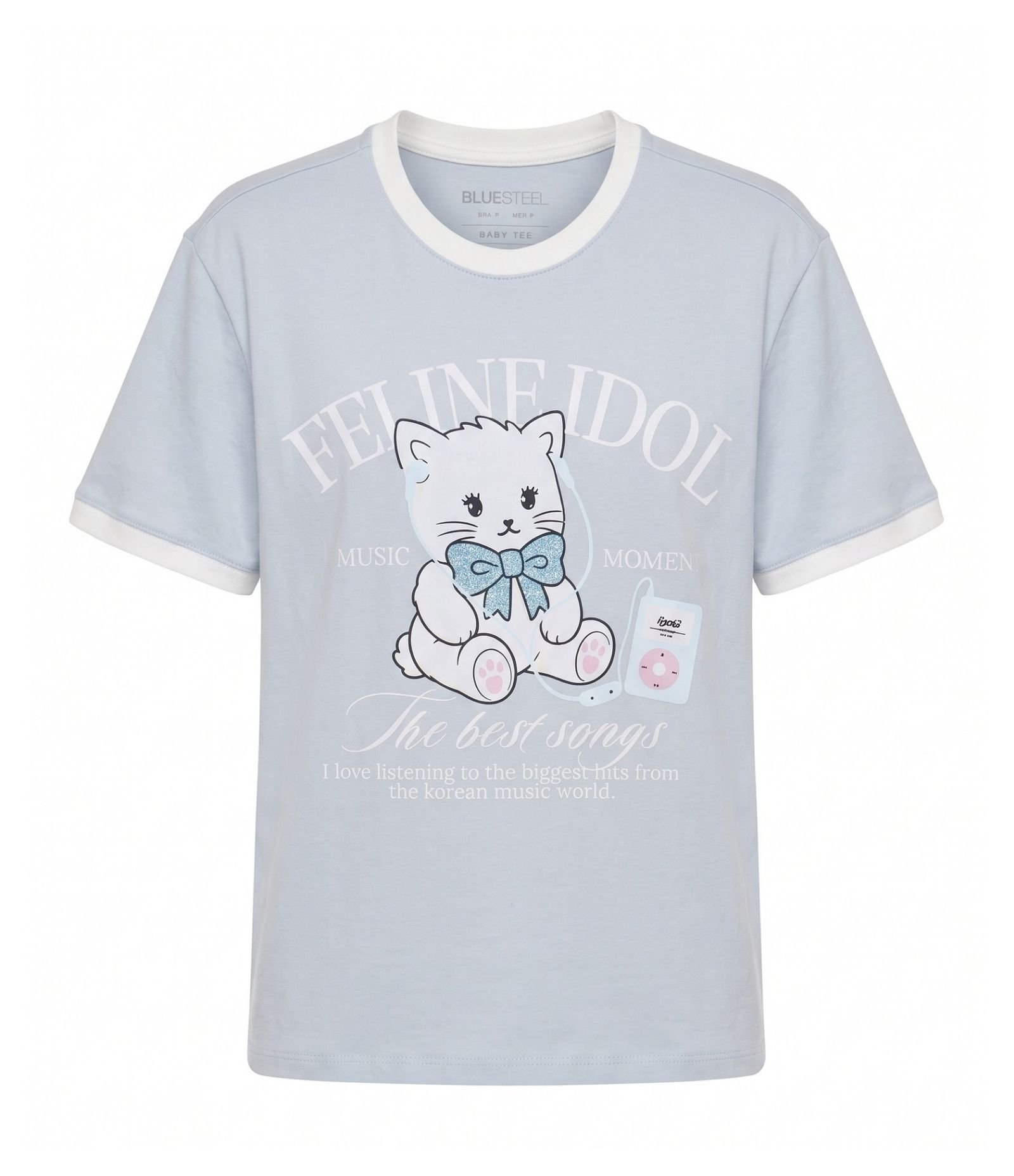 Camiseta New T-Shirt com Estampa de Gatinho e Aplicação de Brilho Azul Claro 1