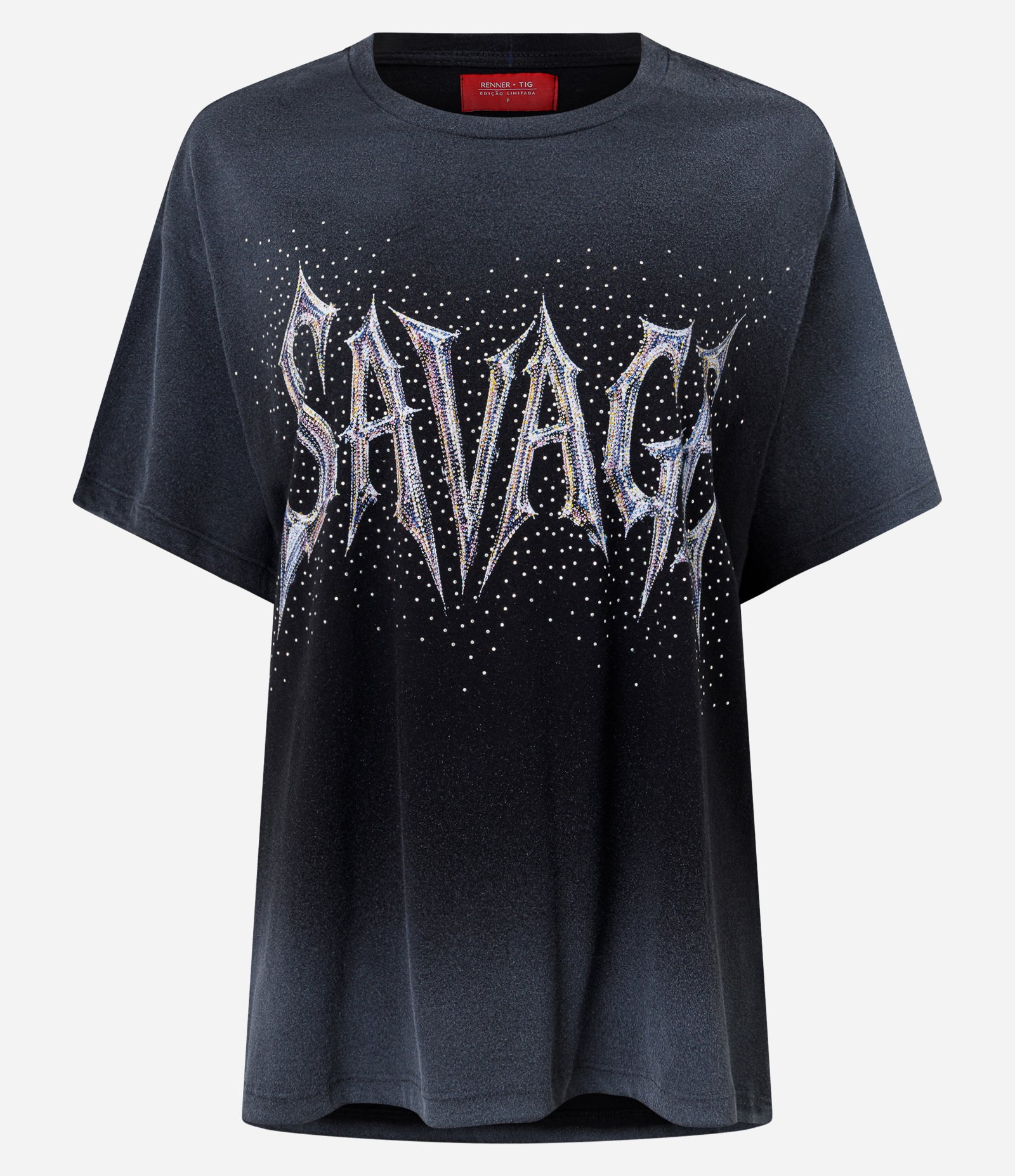 Camiseta em Cotton com com Lettering Savage e Brilhos Preto 5