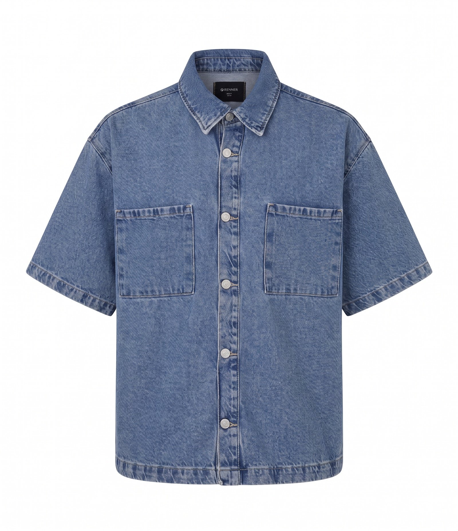 Camisa Boxy em Jeans com Bolsos Marmorizada Azul 1