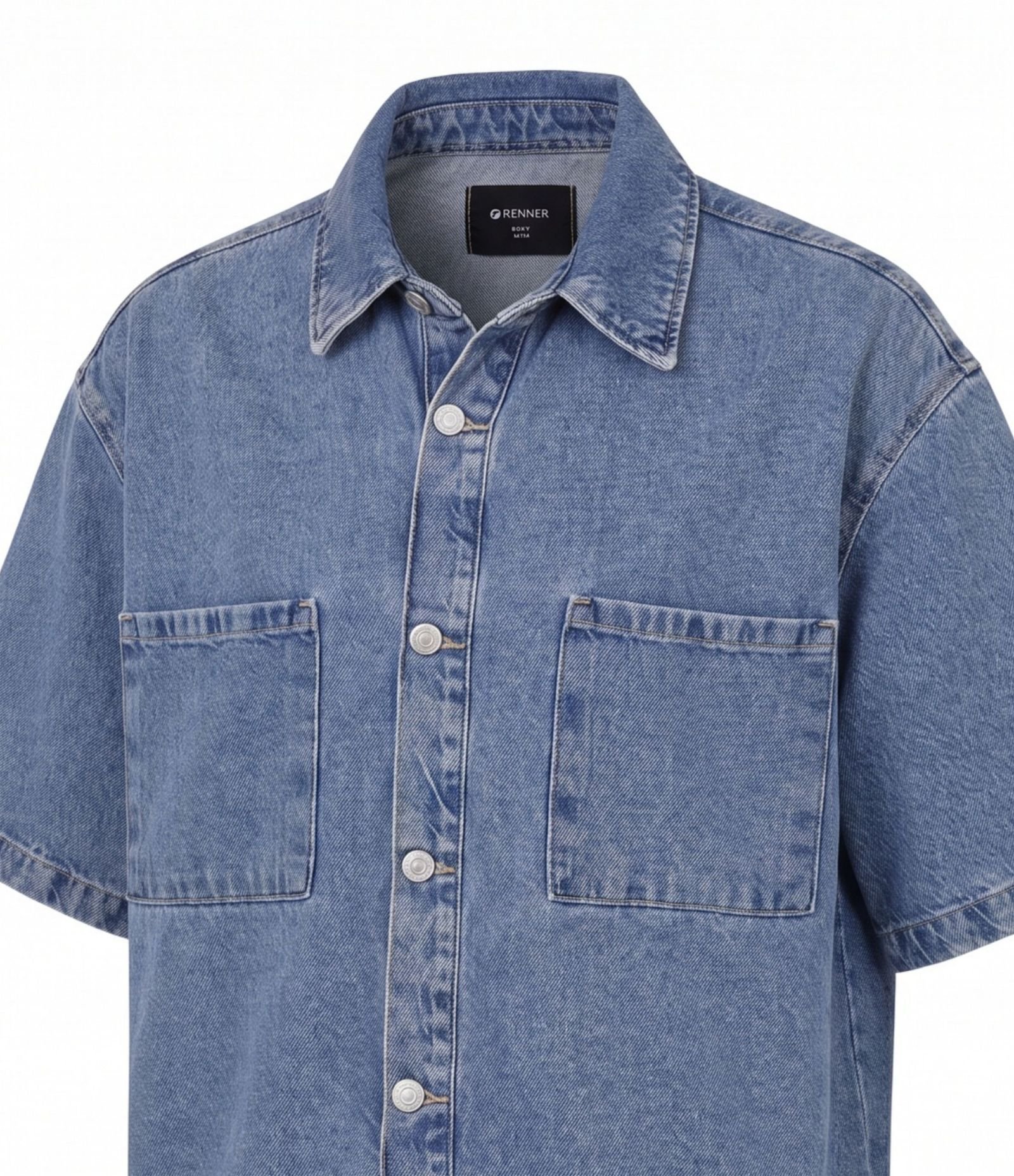Camisa Boxy em Jeans com Bolsos Marmorizada Azul 2