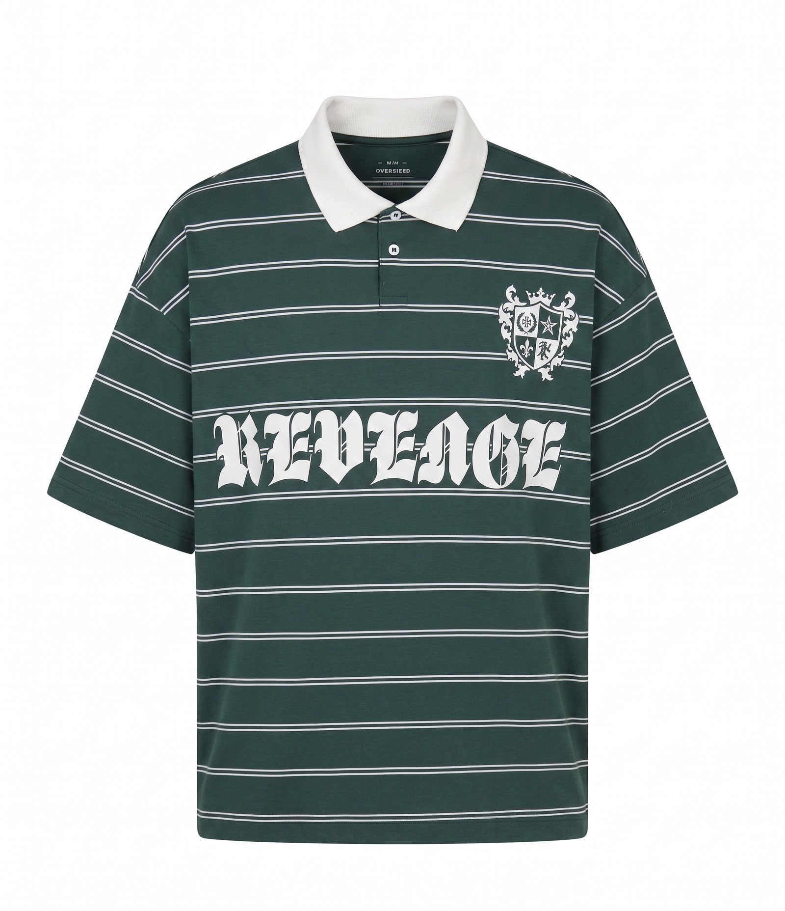 Camiseta Oversized Listrada em Malha Piquet e Lettering Revenge Verde 5
