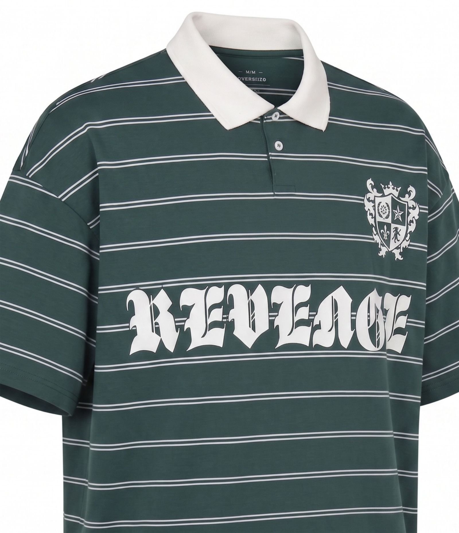 Camiseta Oversized Listrada em Malha Piquet e Lettering Revenge Verde 7