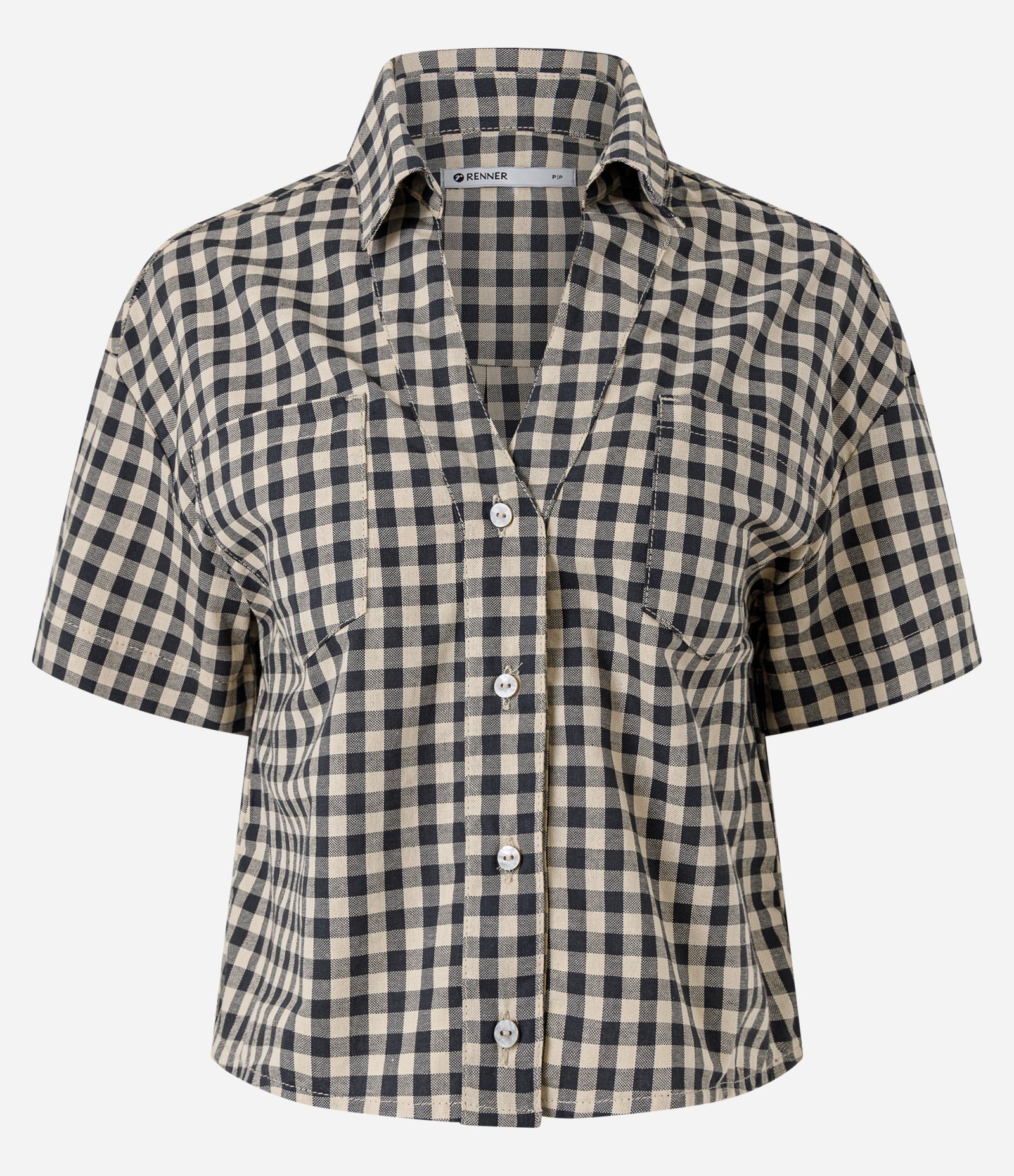 Camisa Regular em Sarja com Estampa Xadrez Cinza 5
