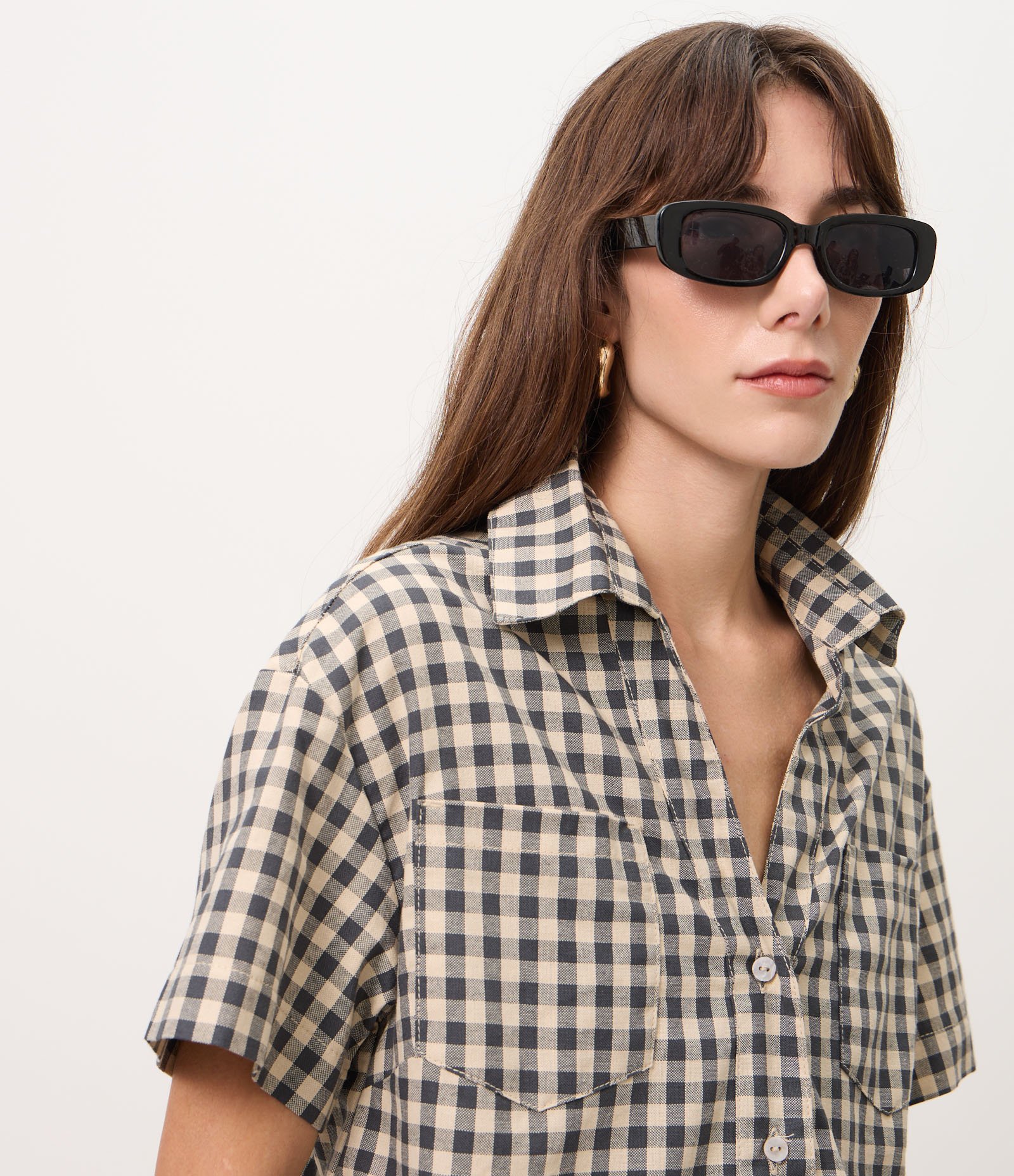 Camisa Regular em Sarja com Estampa Xadrez Cinza 3