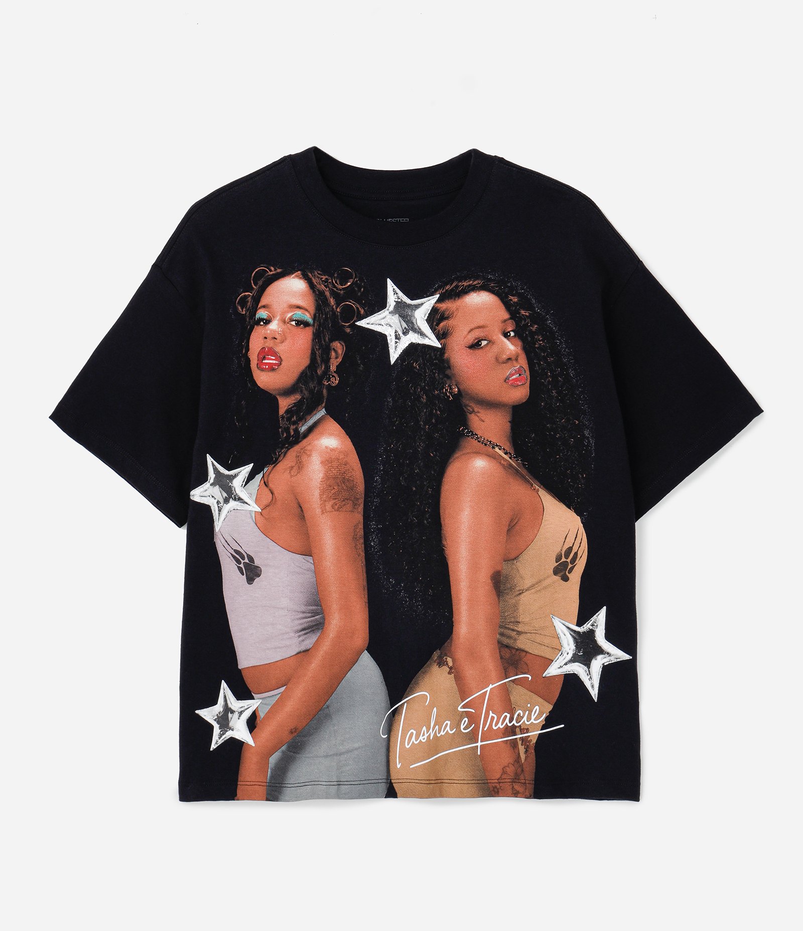 Camiseta Boxy com Estampa Tasha & Tracie e Lettering nas Costas Preto 5