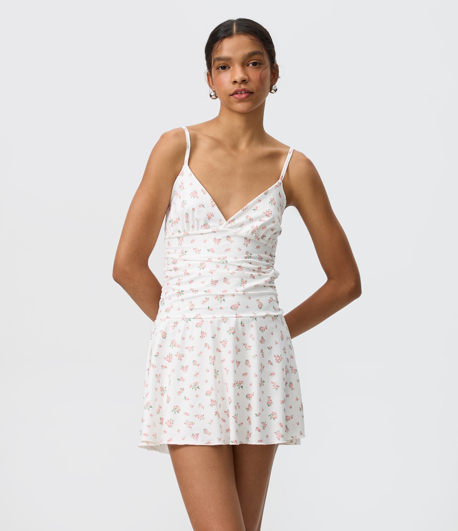 Vestido Curto Floral em Microfibra com Decote Transpassado Branco 1
