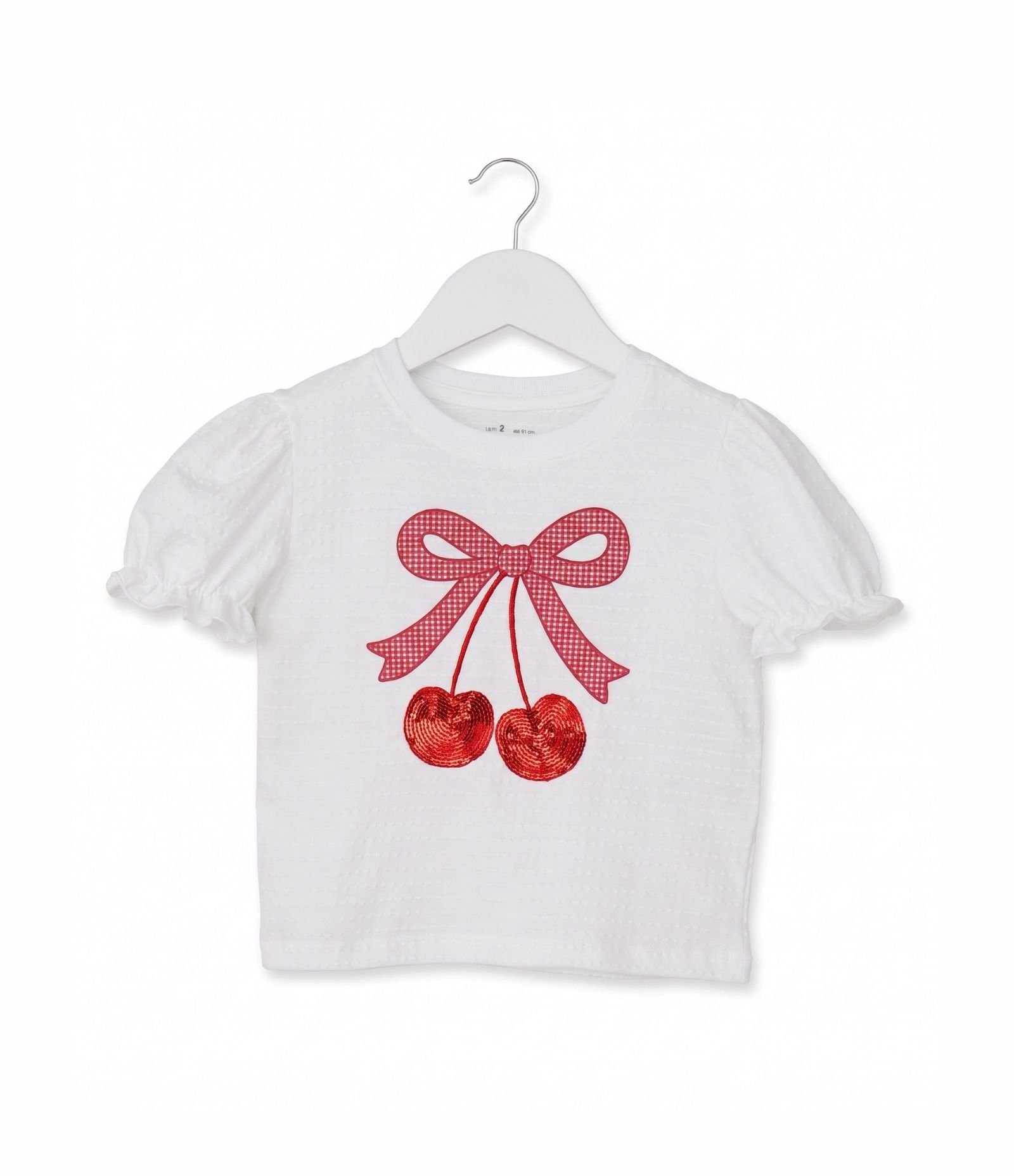 Camiseta Infantil em Algodão Laço Puff com Cereja Paetê - Tam 1 a 6 Anos Branco 4